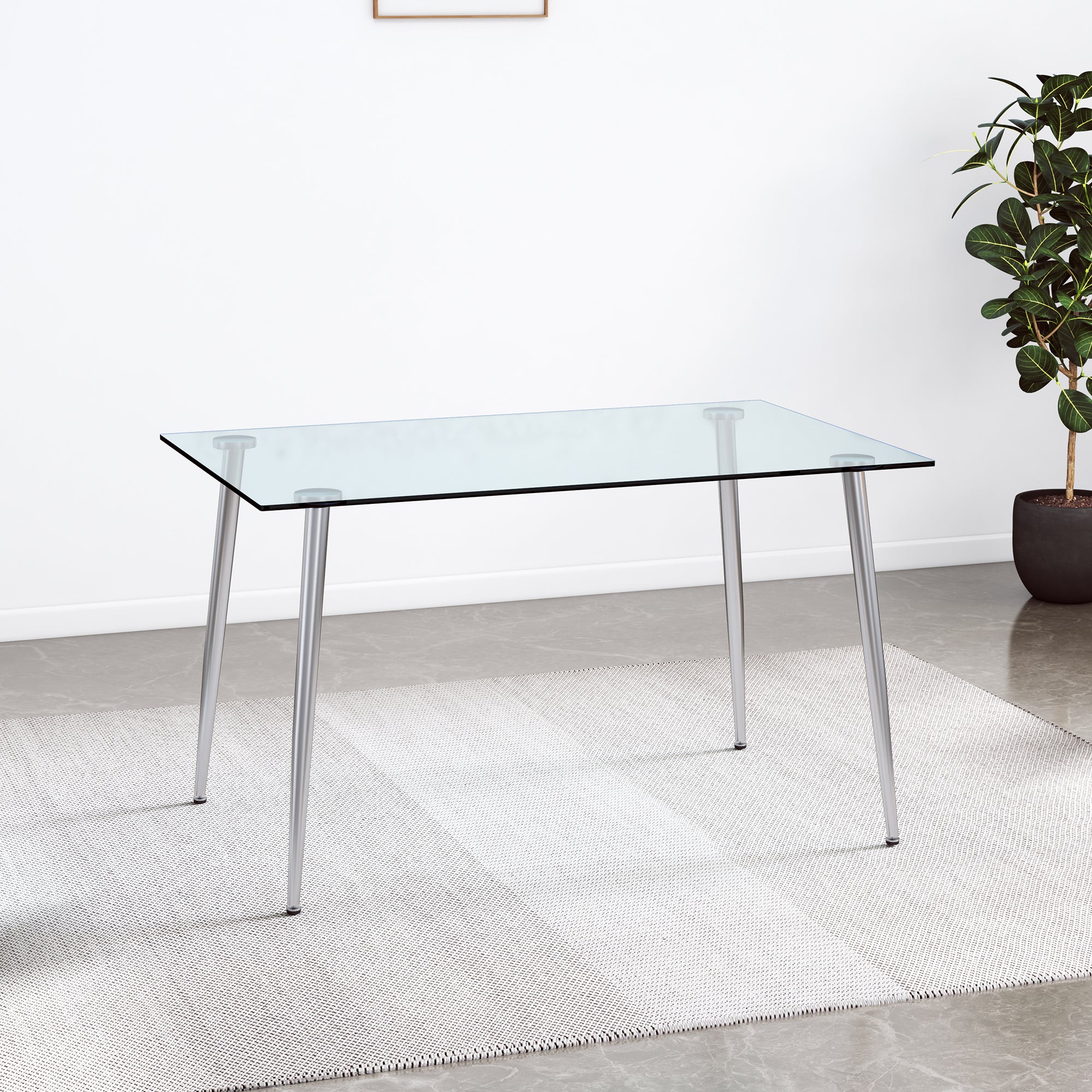 Modern Minimalist Rectangular Glass  Dining Table for 4-6 with 0.31" Tempered Glass Tabletop and Silver plating Metal Legs, Writing Table Desk, for Kitchen Dining Living Room, 51" *31"* 30" .F-1544