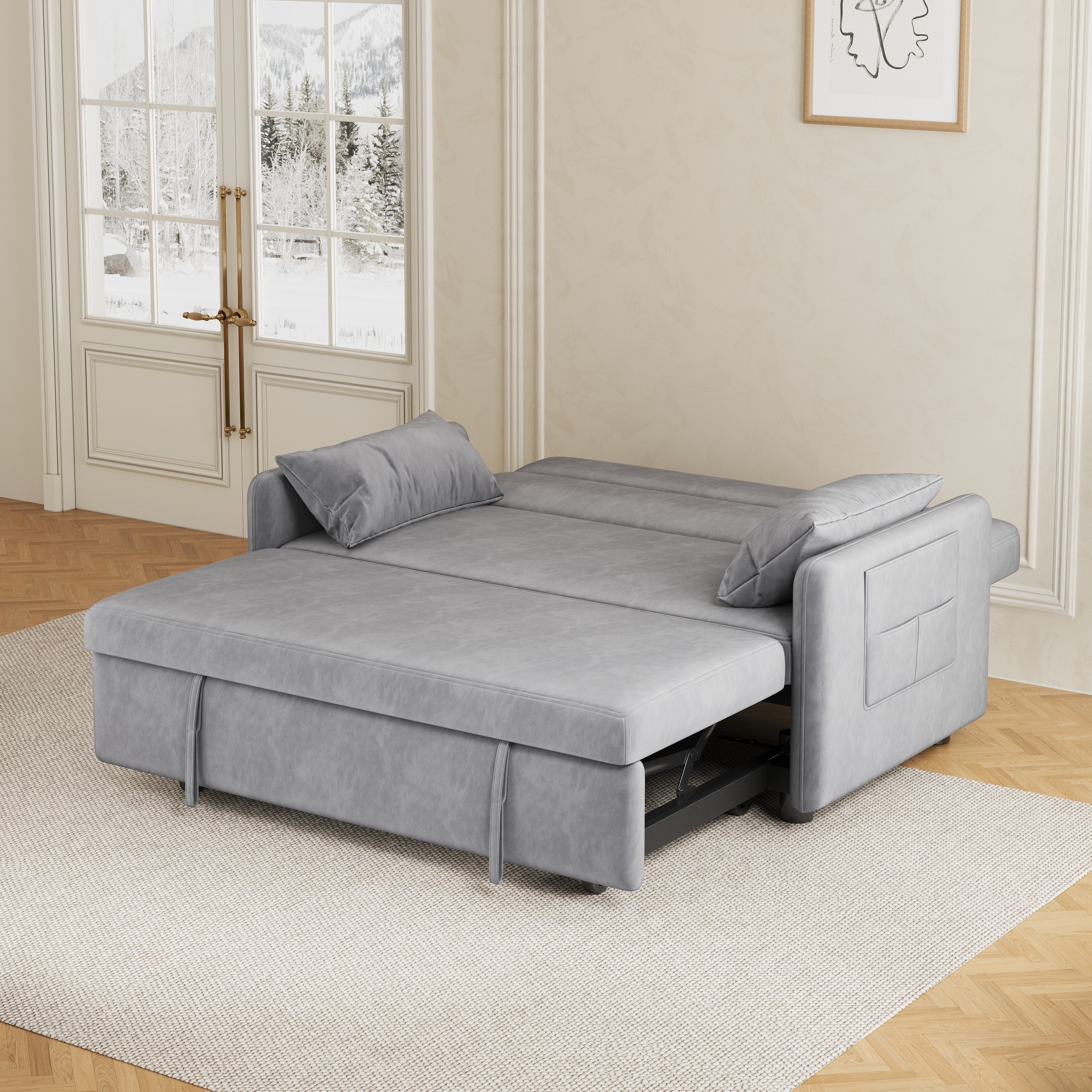 Sofa Pull Out Bed Included Two Pillows 54" Grey Velvet Sofa for Small Spaces