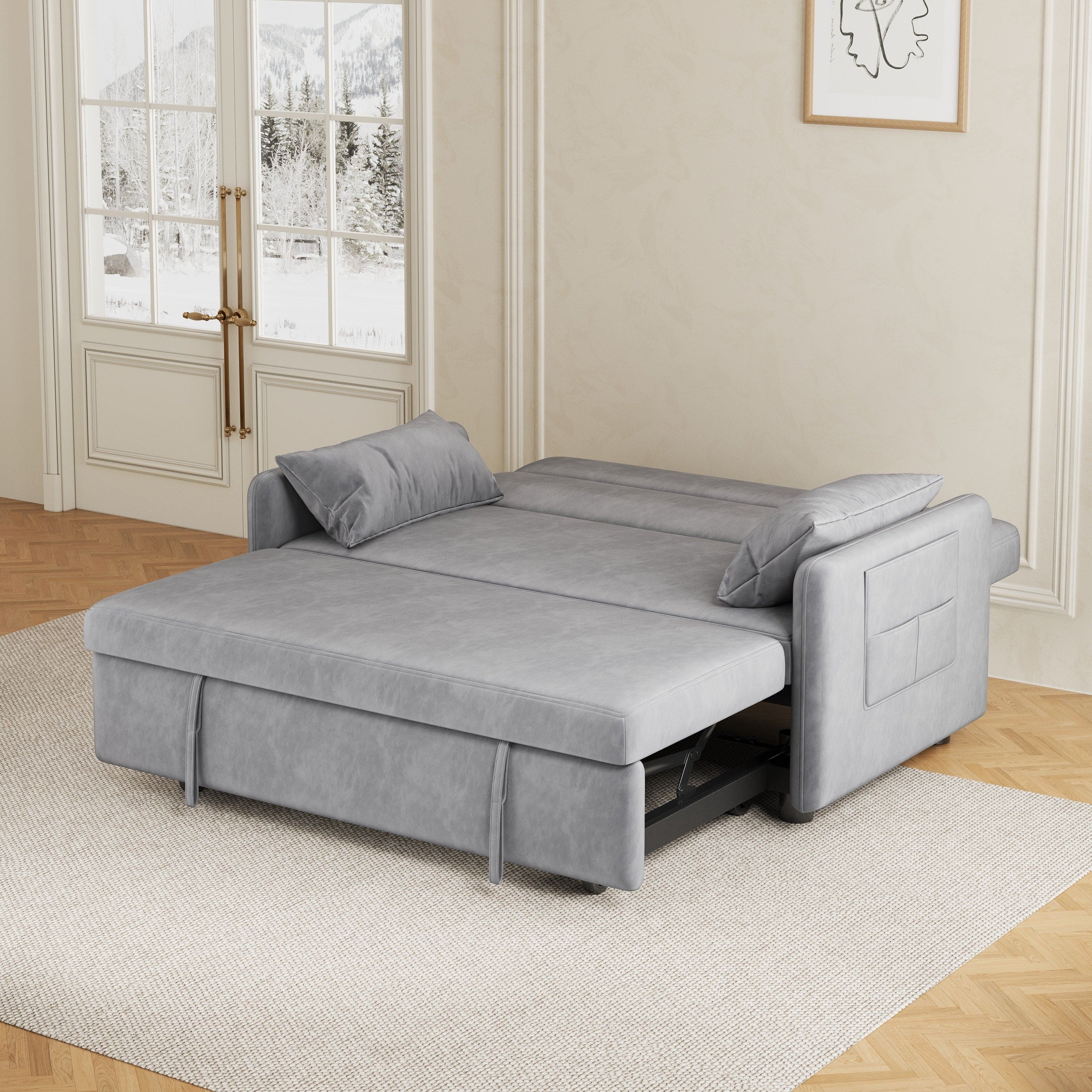 2120 Sofa Pull Out Bed Included Two Pillows 54" Grey Velvet Sofa for Small Spaces