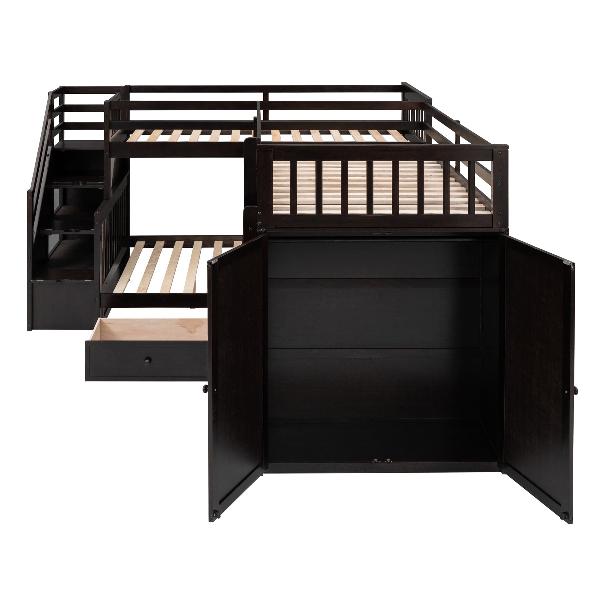 Twin-Twin over Full L-Shaped Bunk Bed With 3 Drawers, Portable Desk and Wardrobe, Espresso