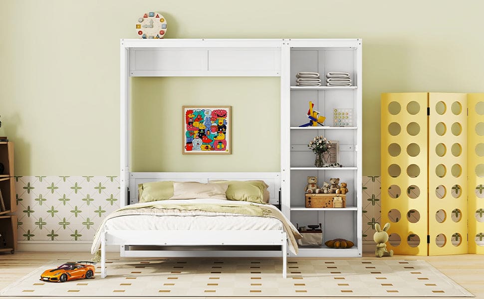 Queen Size Murphy Bed Wall Bed with Shelves,White