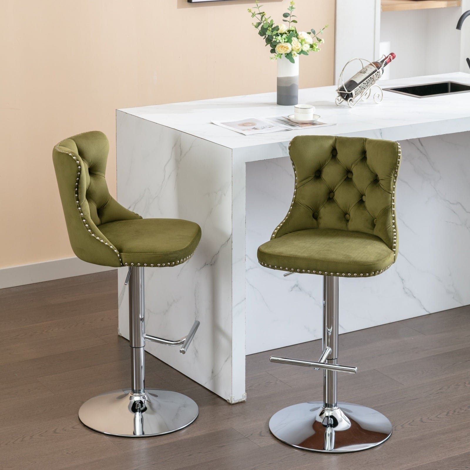 Swivel Velvet Barstools Olive-Green,Set of 2