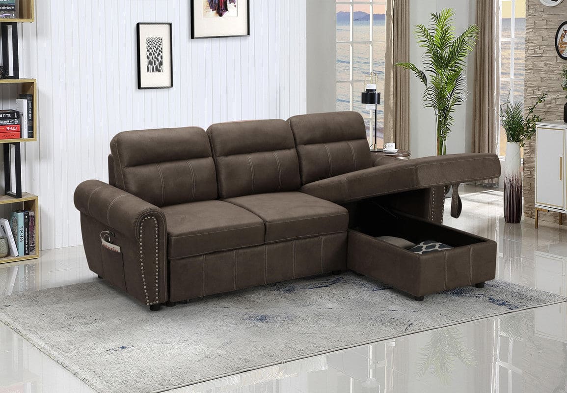 Hugo Brown Reversible Sleeper Sectional Sofa Chaise with USB Charger