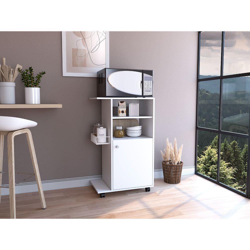 Kitchen Cart Kryot, Single Door Cabinet, Four Casters, White Finish