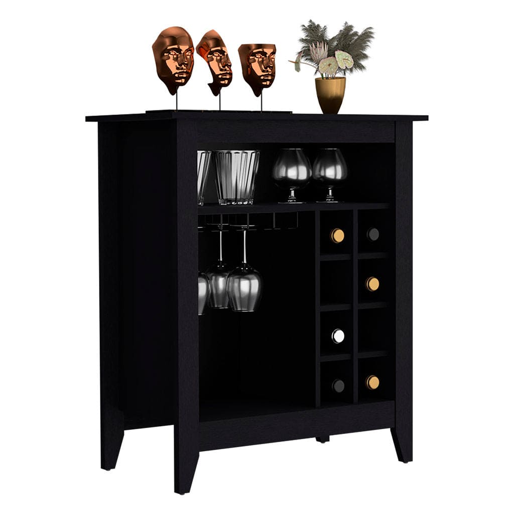 Bar Cabinet Castle, One Open Shelf, Six Wine Cubbies, Black Wengue Finish