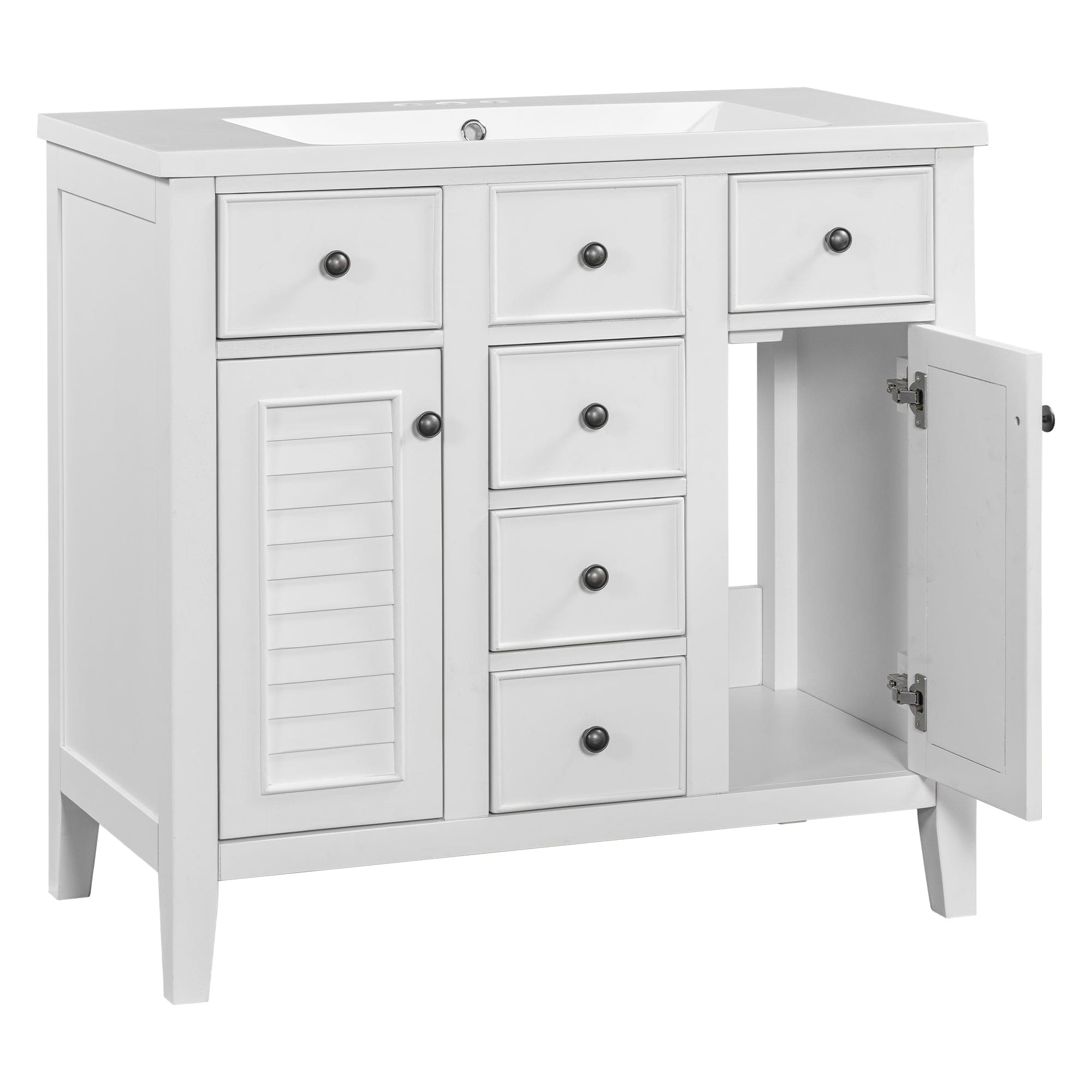 36" Bathroom Vanity with Ceramic Basin, Two Cabinets and Five Drawers, Solid Wood Frame, White (OLD SKU: SY999202AAK)