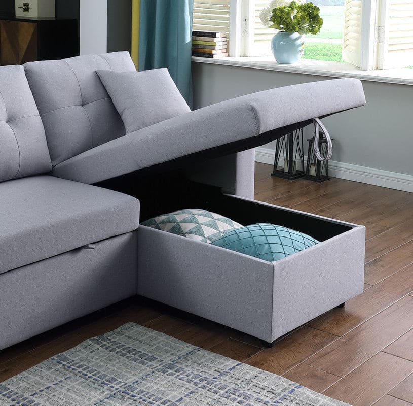 Dennis Light Gray Linen Fabric Reversible Sleeper Sectional with Storage Chaise and 2 Stools