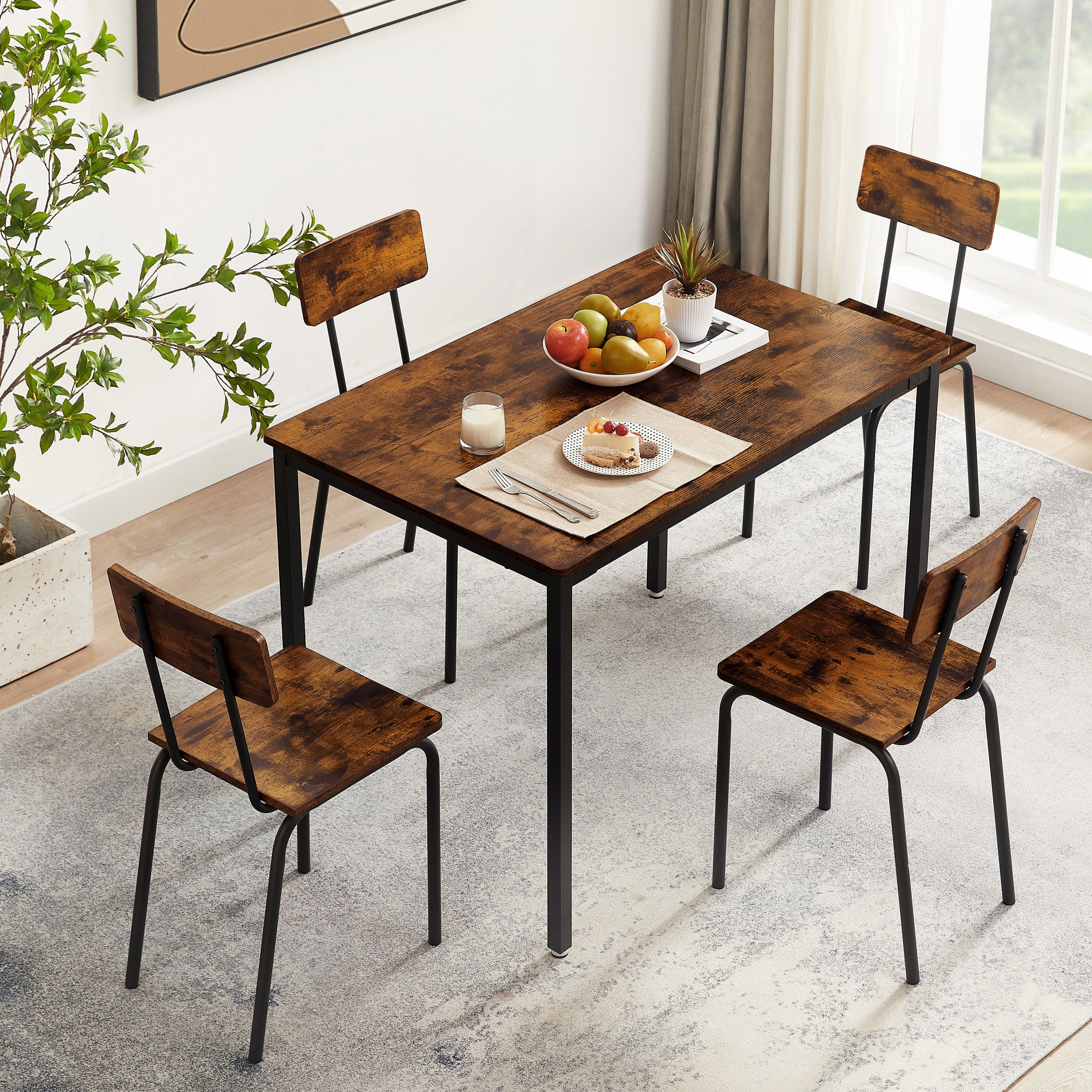 Dining Table Set 5-Piece Dining Chair with Backrest, Industrial style, Sturdy construction. Rustic Brown, 43.31'' L x 27.56'' W x 30.32'' H.