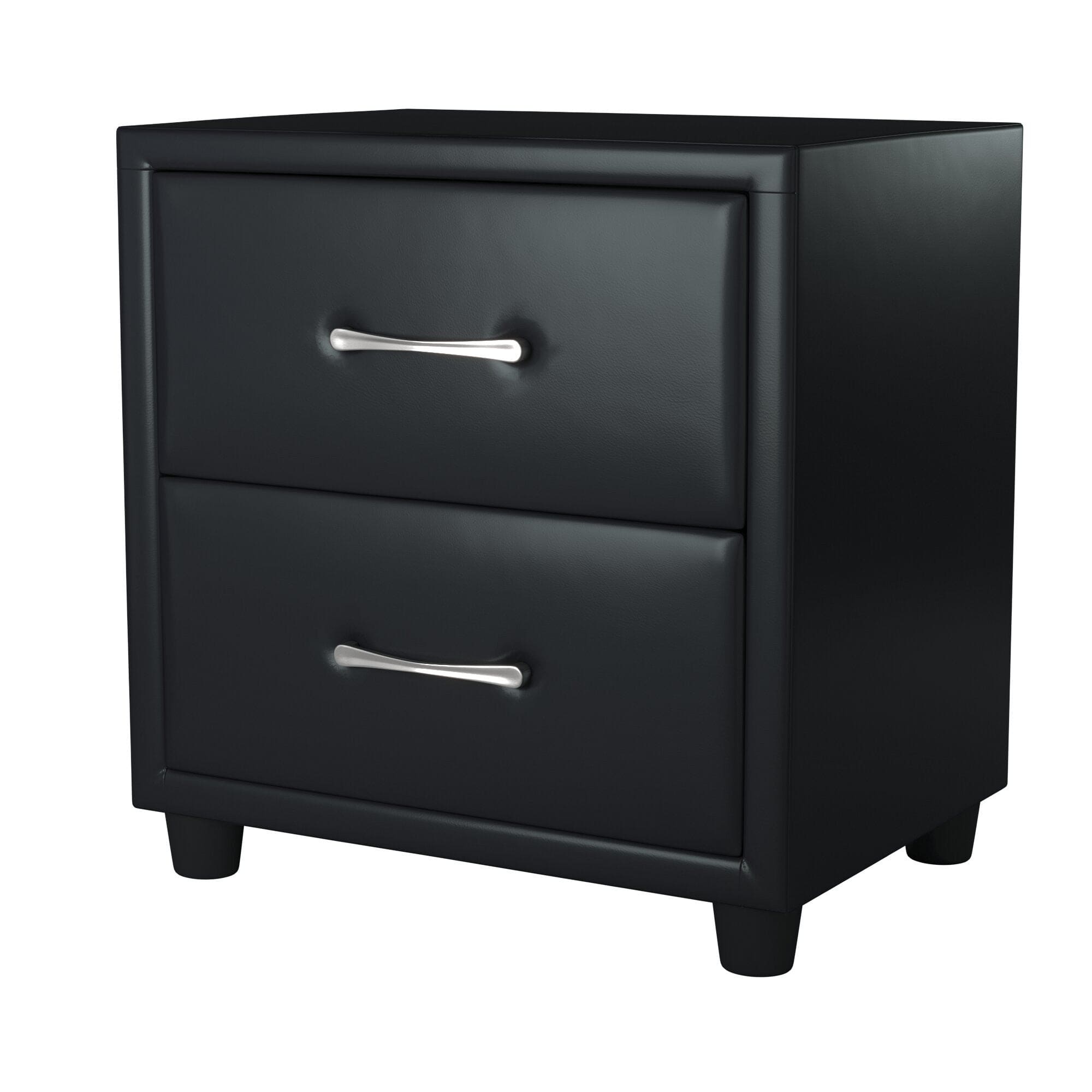 Contemporary Durable Black Faux Leather Covering 1pc Nightstand of Drawers Silver Tone Bar Pulls Stylish Furniture