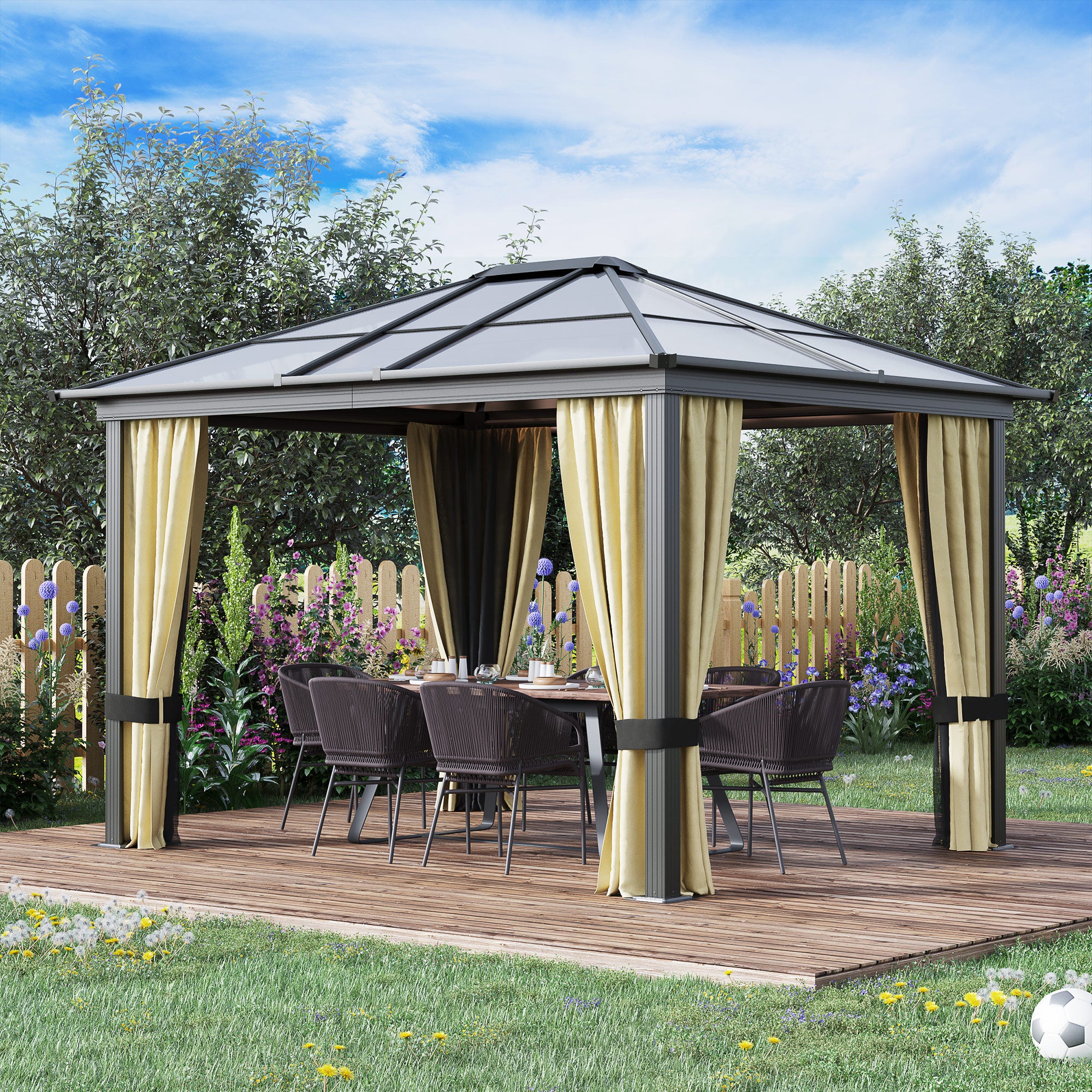 10' x 12' Hardtop Gazebo Canopy with Polycarbonate Roof, Aluminum Frame, Permanent Pavilion Outdoor Gazebo with Netting and Curtains for Patio, Garden, Backyard, Lawn, Deck