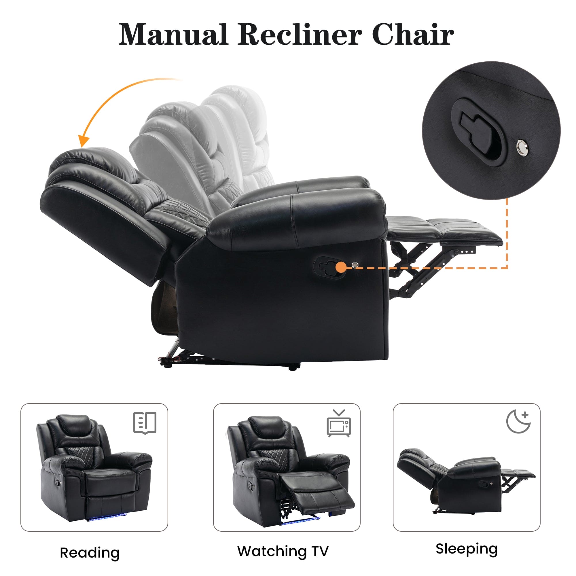 Home Theater Seating Manual Recliner Chair with LED Light Strip for Living Room,Bedroom, Black