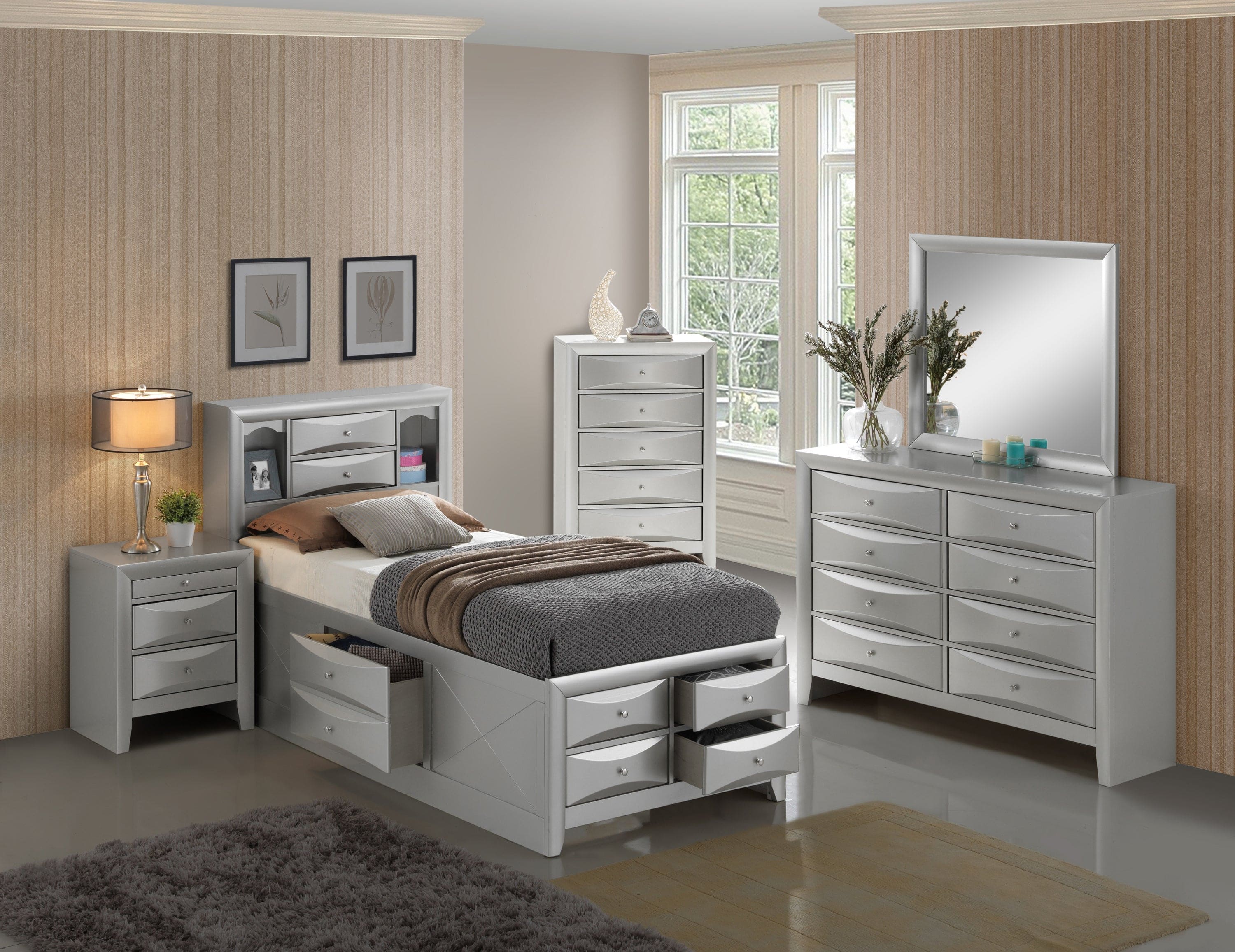 Glory Furniture Marilla G1503G-TSB3 Twin Storage Bed , Silver Champagne