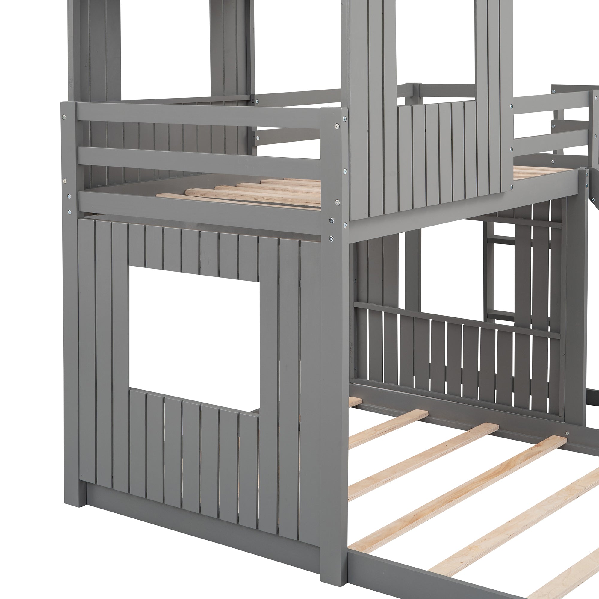 Wooden Twin Over Full Bunk Bed, Loft Bed with Playhouse, Farmhouse, Ladder, Slide and Guardrails, Gray(OLD SKU :LT000028AAN)