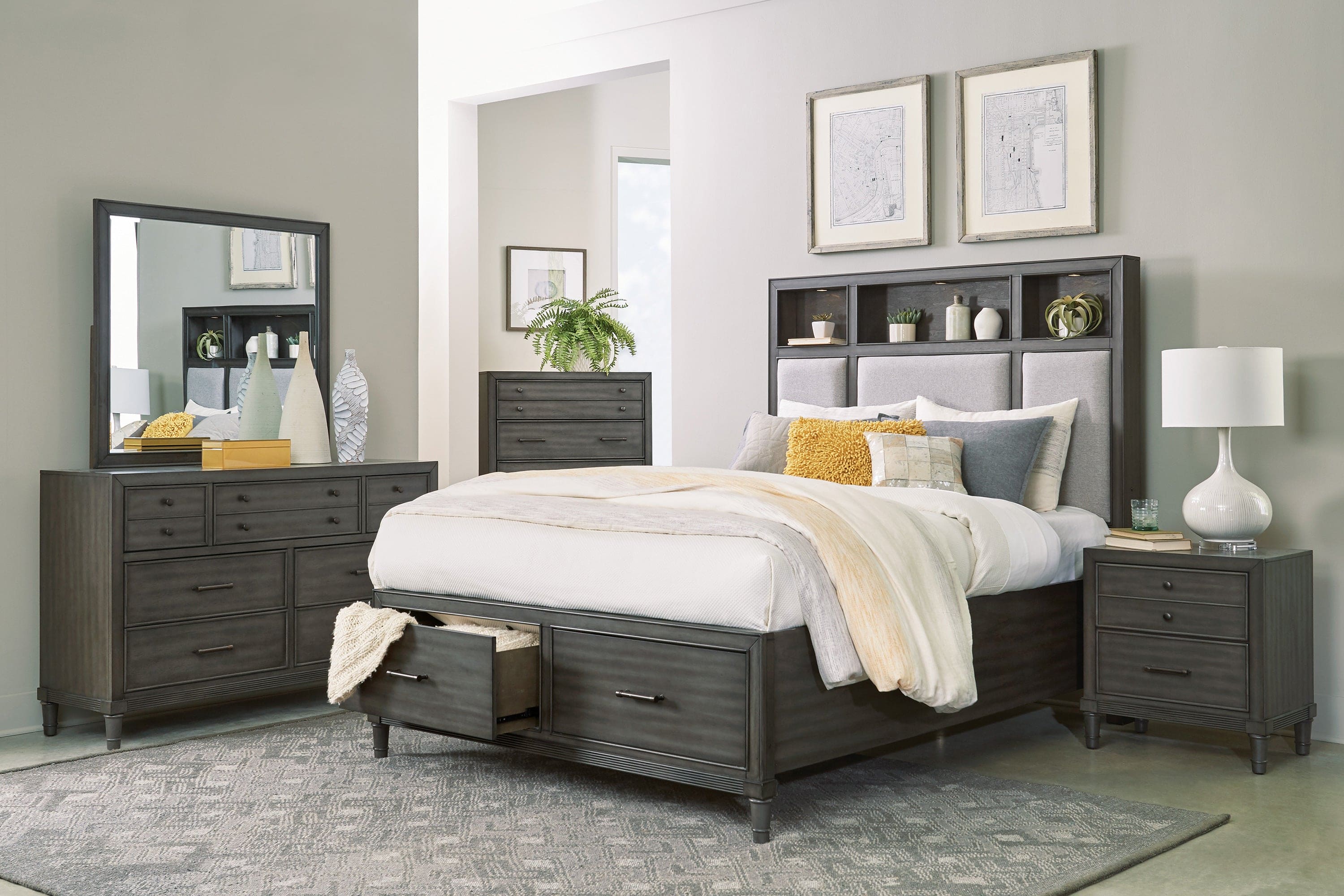 Gray Queen Platform Bed w Storage Drawers Upholstered Headboard USB Ports LED Lights Bedroom Furniture Transitional Style