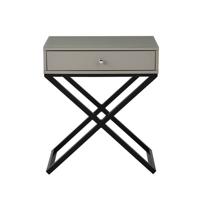 Koda Taupe Wooden End Side Table Nightstand with Glass Top, Drawer and Metal Cross Base