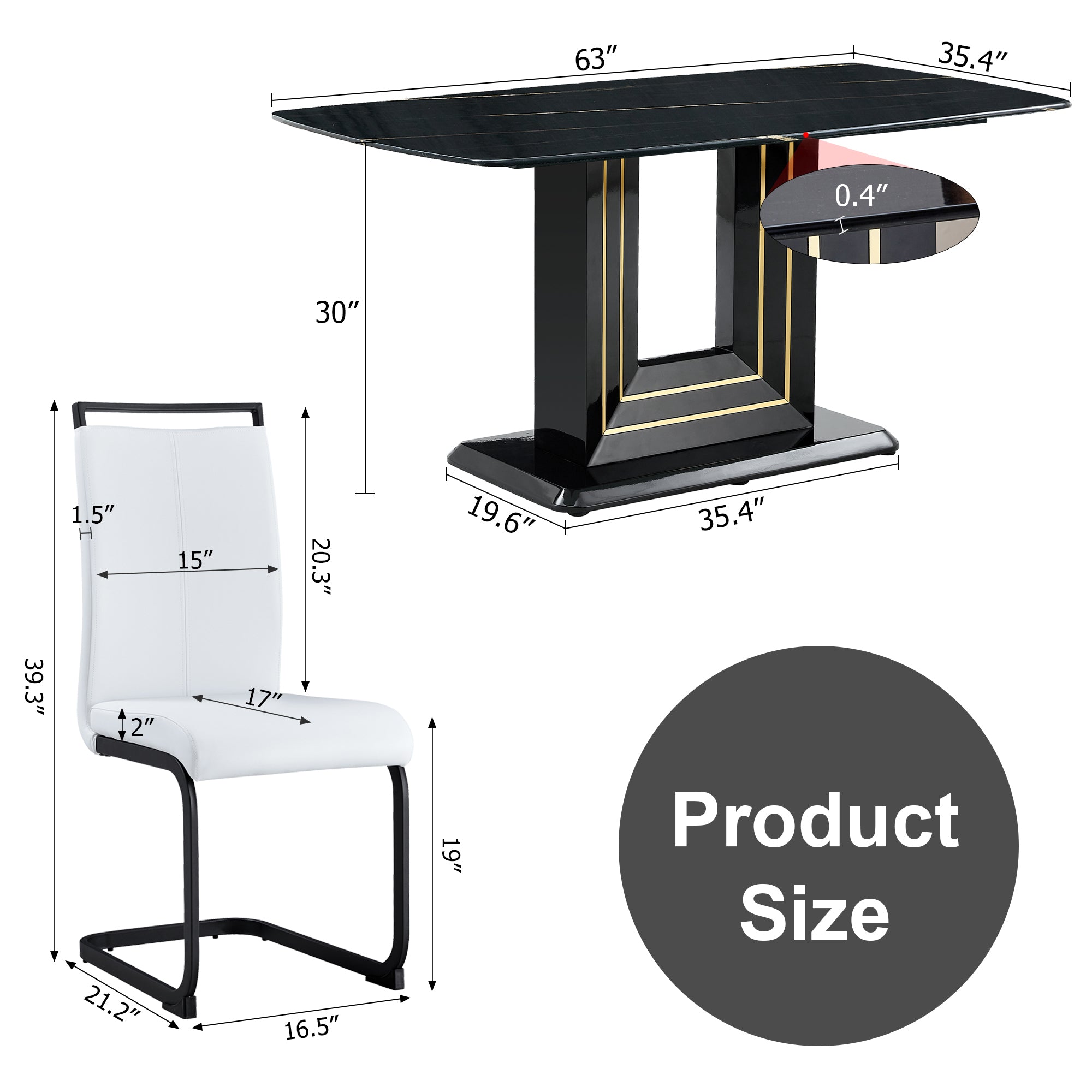 A table and six chairs. The table features a black imitation marble pattern tabletop and black gold MDF legs. The chair has a white PU backrest cushion and black metal legs. F-SQ  C-1162