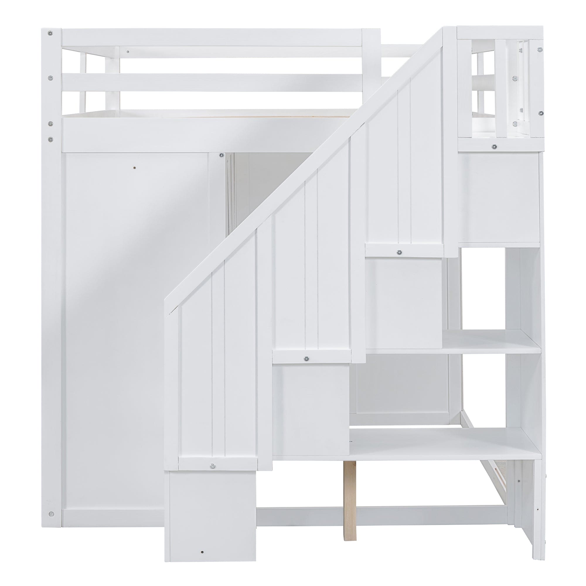 Full Size Wood Loft Bed With Built-in Wardrobes, Cabinets and Drawers, White