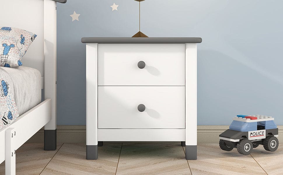 Wooden Nightstand with Two Drawers for Kids,End Table for Bedroom,White+Gray