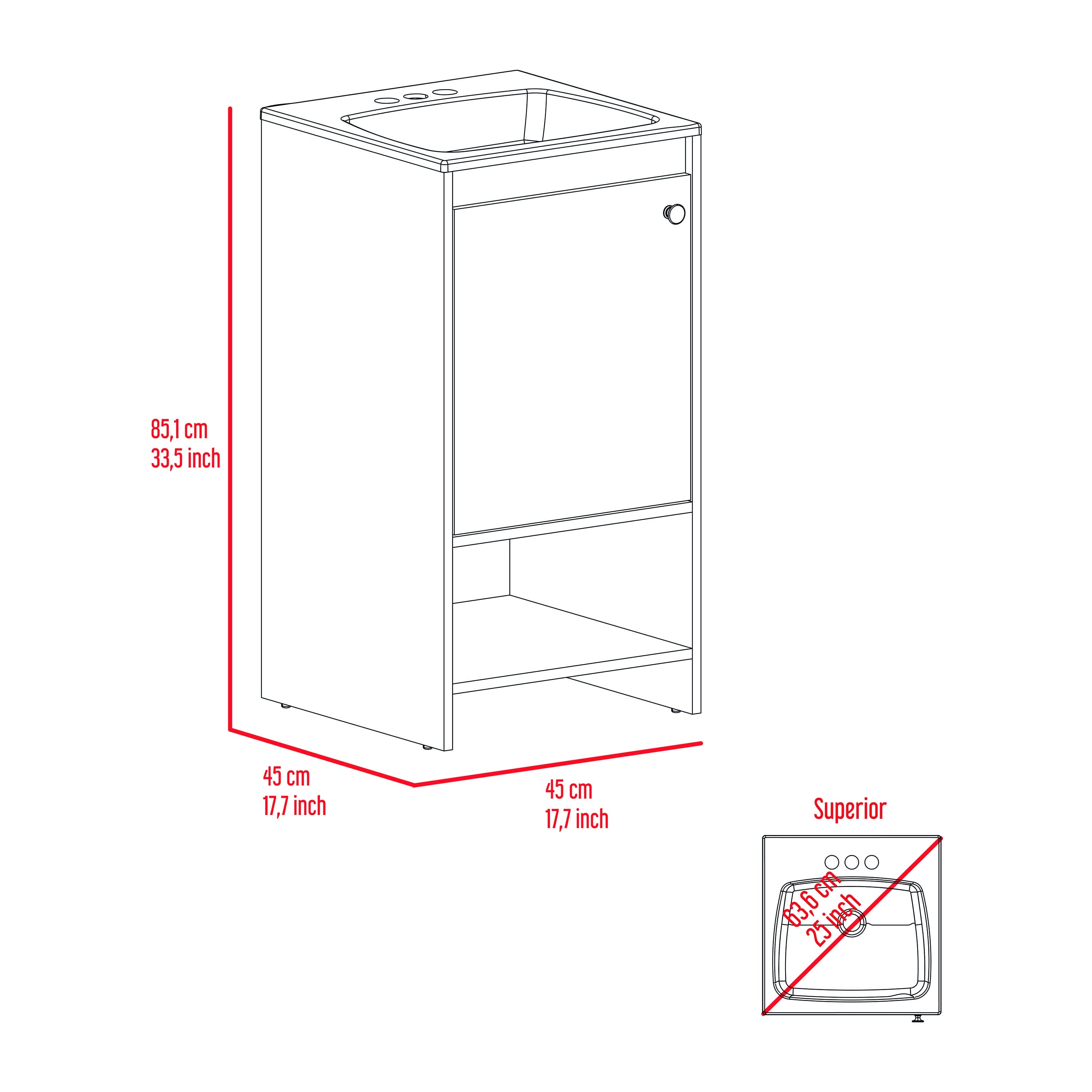 Jane Bathroom Vanity, Single Door Cabinet, Two Shelves -White