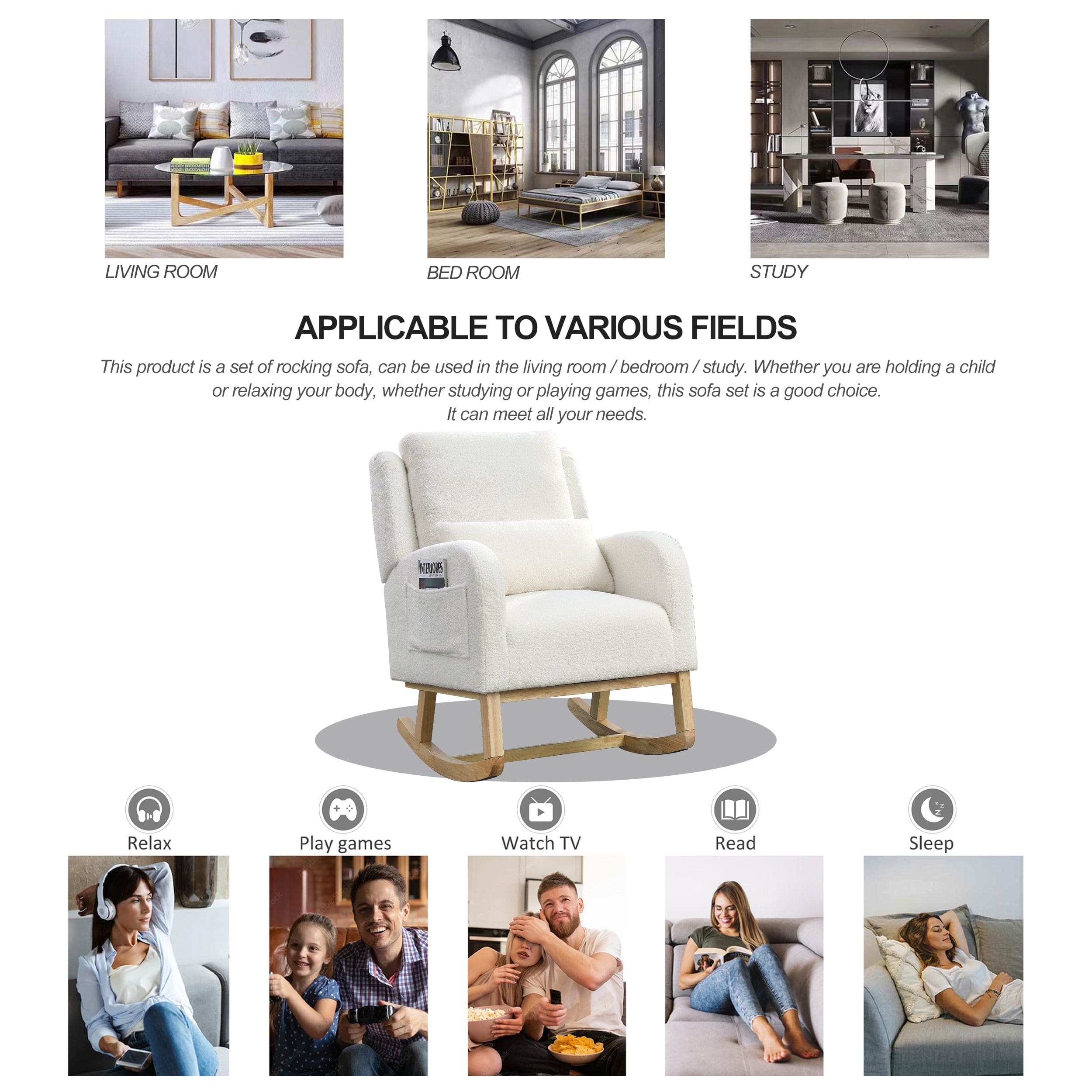 [Video] Welike 27.5 "W Modern Accent High Back Living Room Casual Armchair Rocker with One Lumbar Pillow, Two Side Pockets,Teddy White (Ivory)