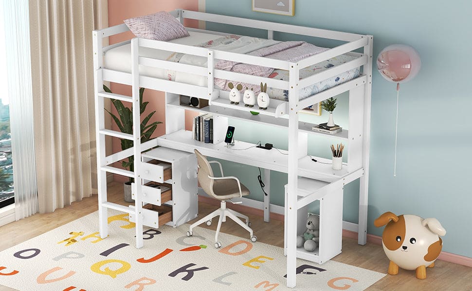 Twin Size Loft Bed with Multi-storage Desk, LED light and Bedside Tray, Charging Station, White