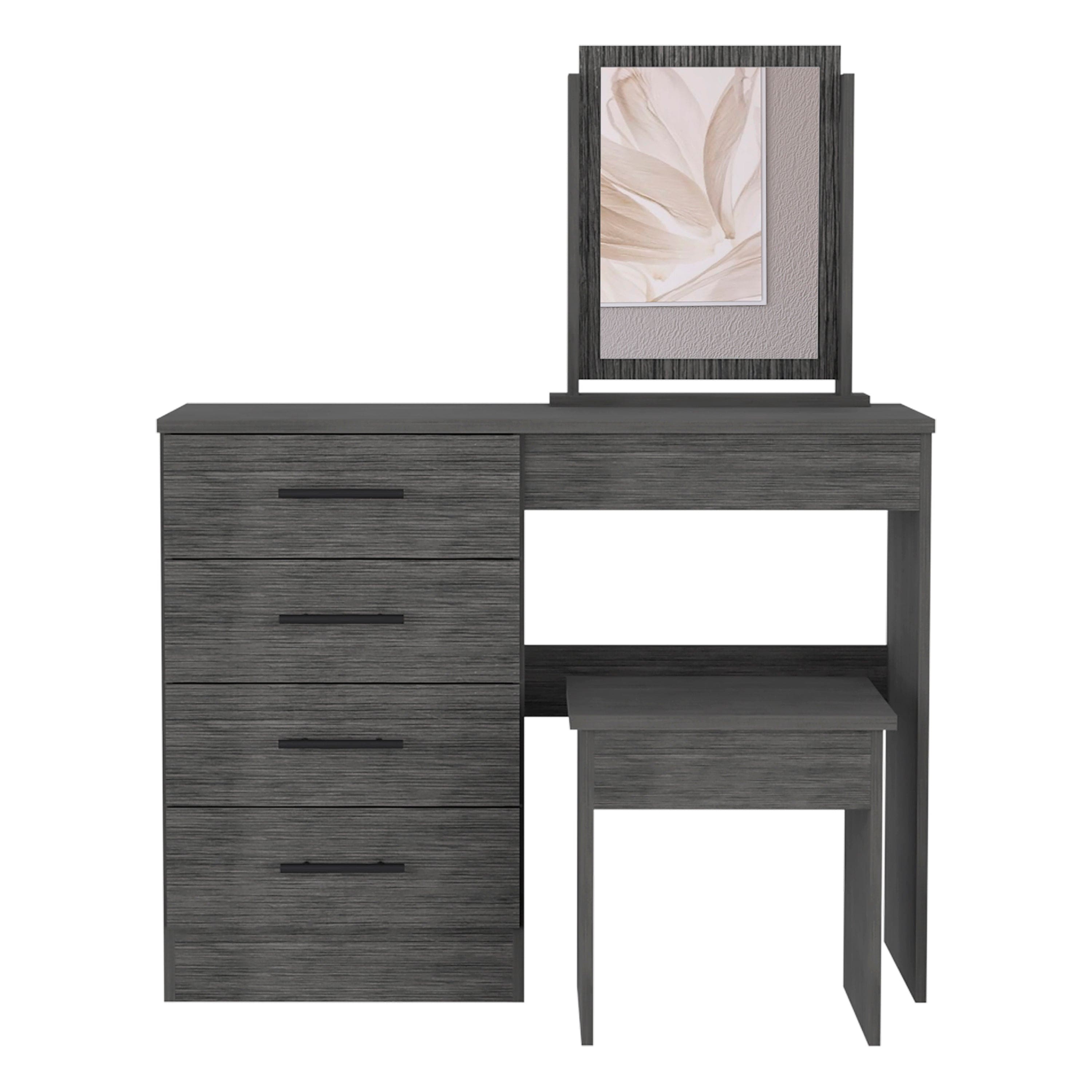 Kaia Makeup Vanity, Four Drawers, One Mirror, Stool -Smokey Oak