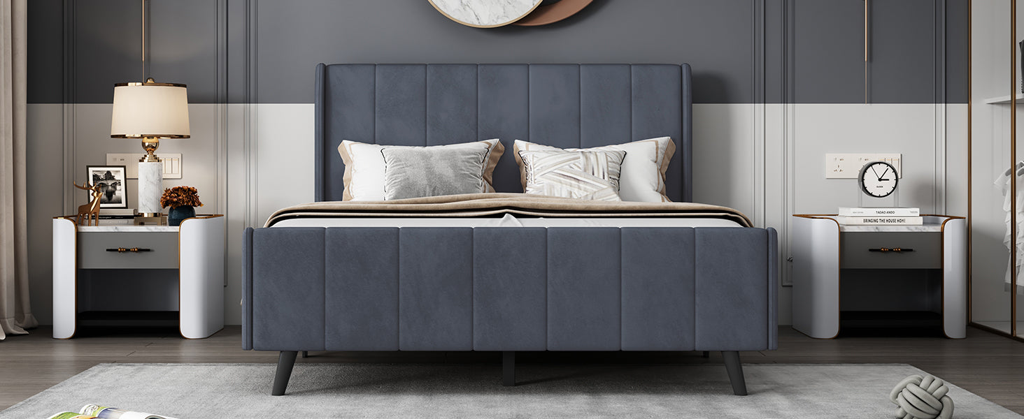 Full Size Upholstered Platform Bed, Velvet, Gray