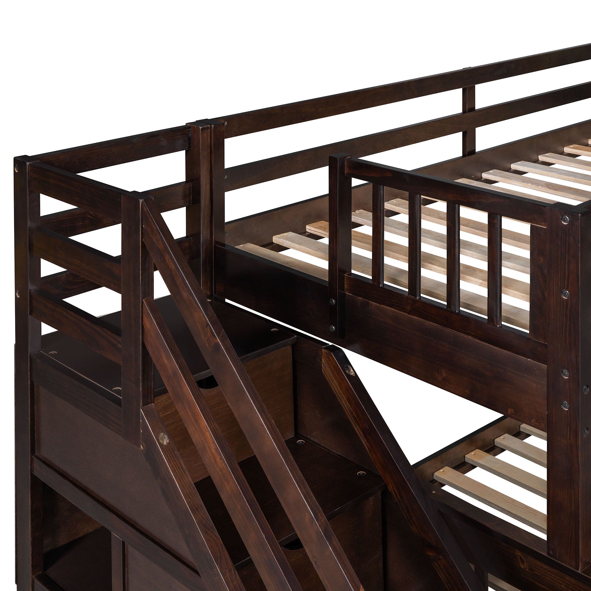 Twin over Full L-Shaped Bunk Bed With 3 Drawers, Ladder and Staircase - Espresso