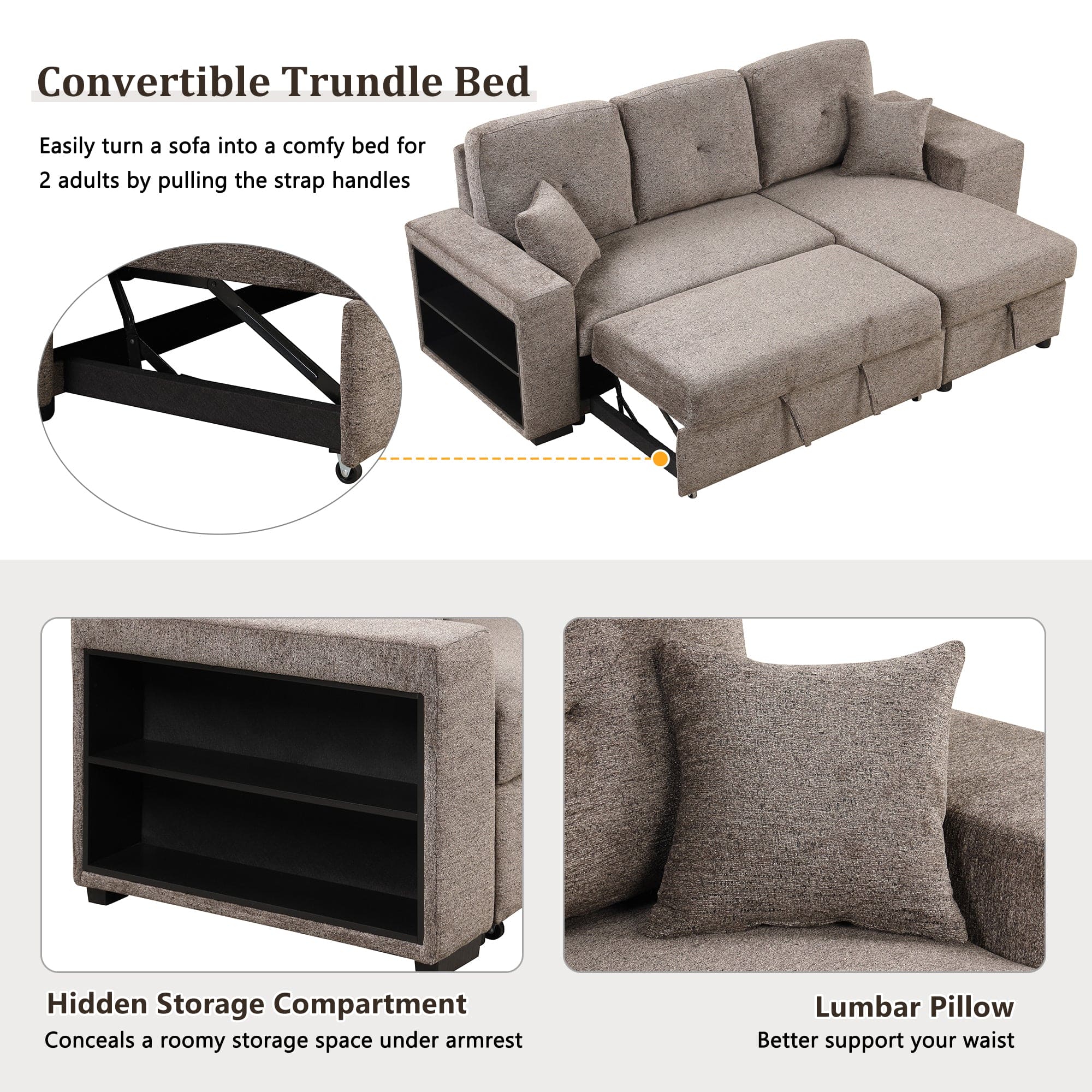 Reversible Sleeper Sectional Sofa Bed with Side Shelf and 2 Stools,Pull-Out L-Shaped Sofa Bed,Corner Sofa-Bed with Storage Chaise Left/Right Hande for Living Room,Knox Charcoal