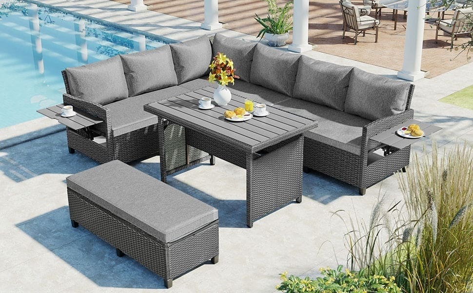 TOMAX 5-Piece Outdoor Patio Rattan Sofa Set, Sectional PE Wicker L-Shaped Garden Furniture Set with 2 Extendable Side Tables, Dining Table and Washable Covers for Backyard, Poolside, Indoor, Gray