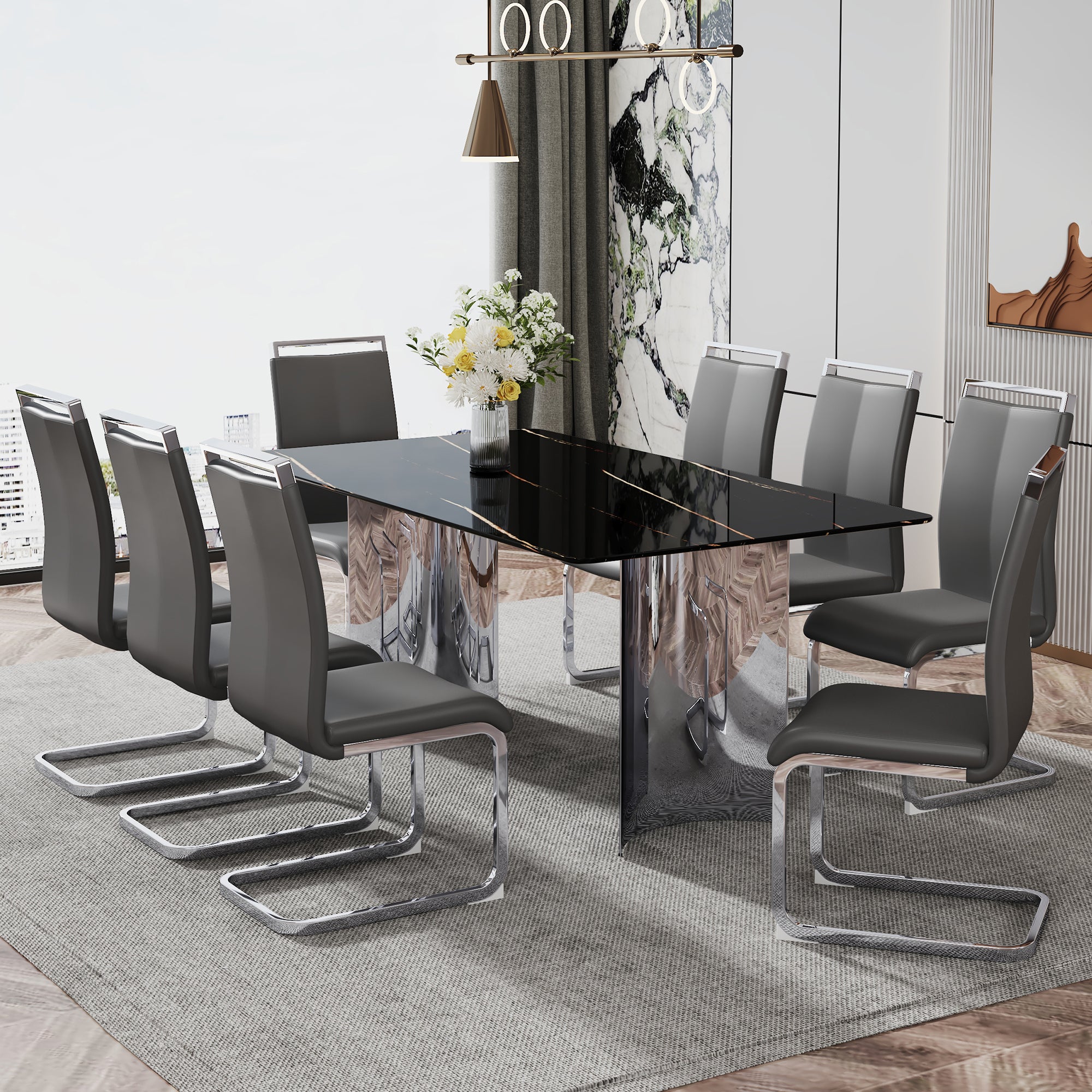 Modern minimalist dining table. The black imitation marble glass desktop is equipped with silver metal legs. Suitable for restaurants and living rooms 71 "* 39.3" * 29.5 "DT-69