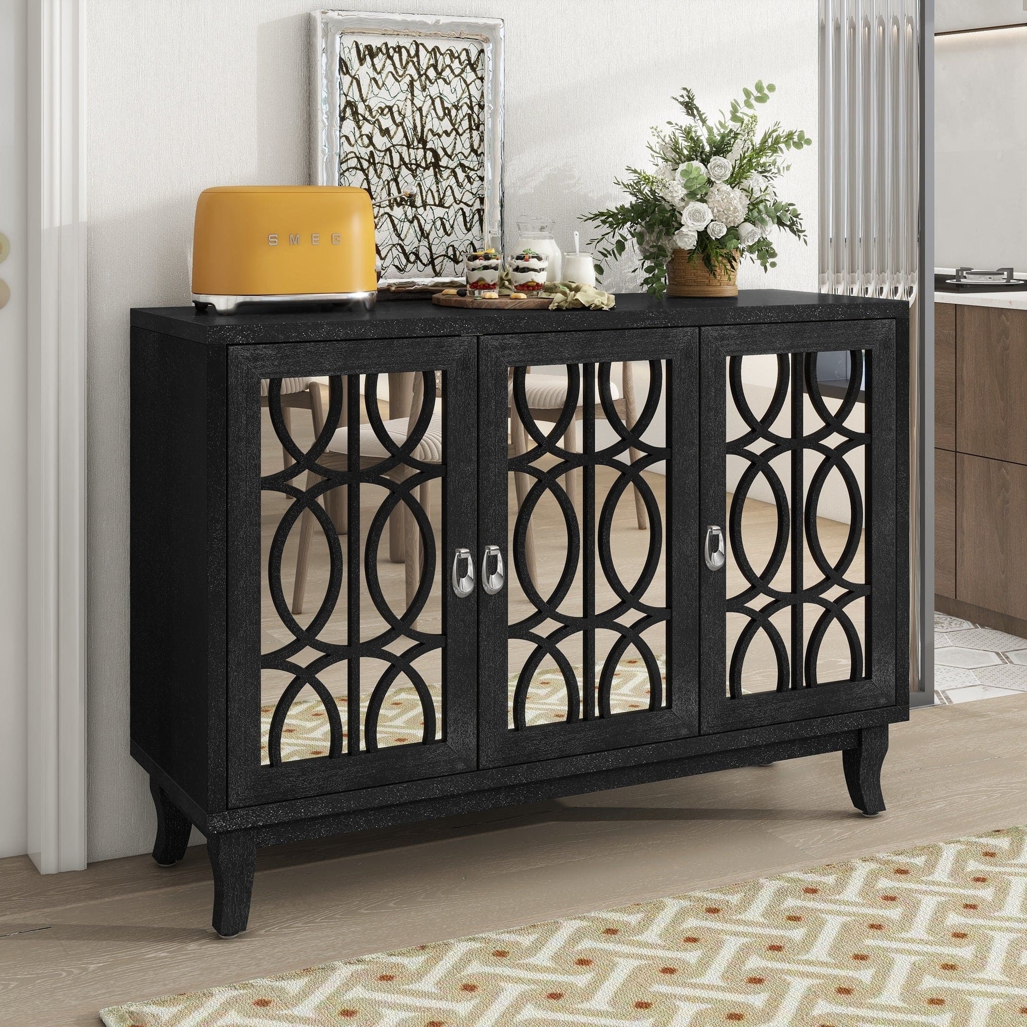 TREXM Sideboard with Glass Doors, 3 Door Mirrored Buffet Cabinet with Silver Handle for Living Room, Hallway, Dining Room (Black)