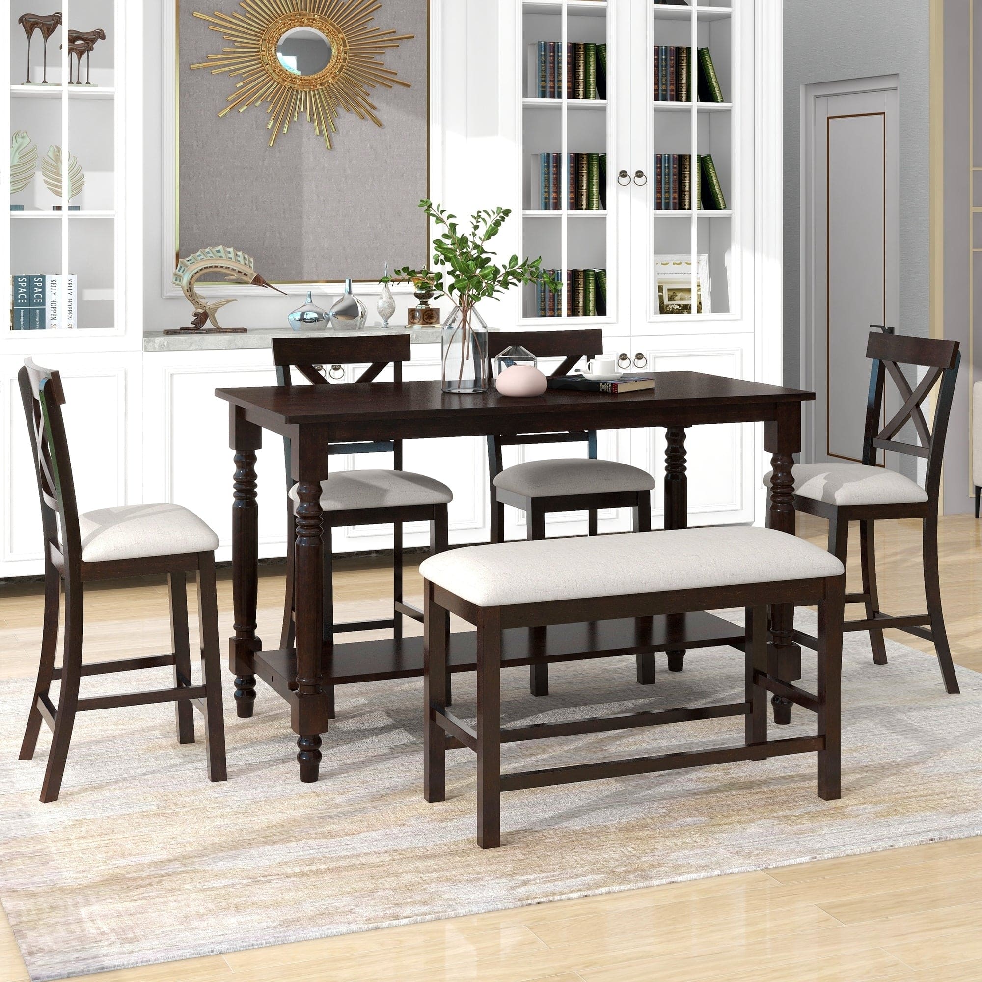 TREXM 6-Piece Counter Height Dining Table Set Table with Shelf 4 Chairs and Bench for Dining Room (Espresso)