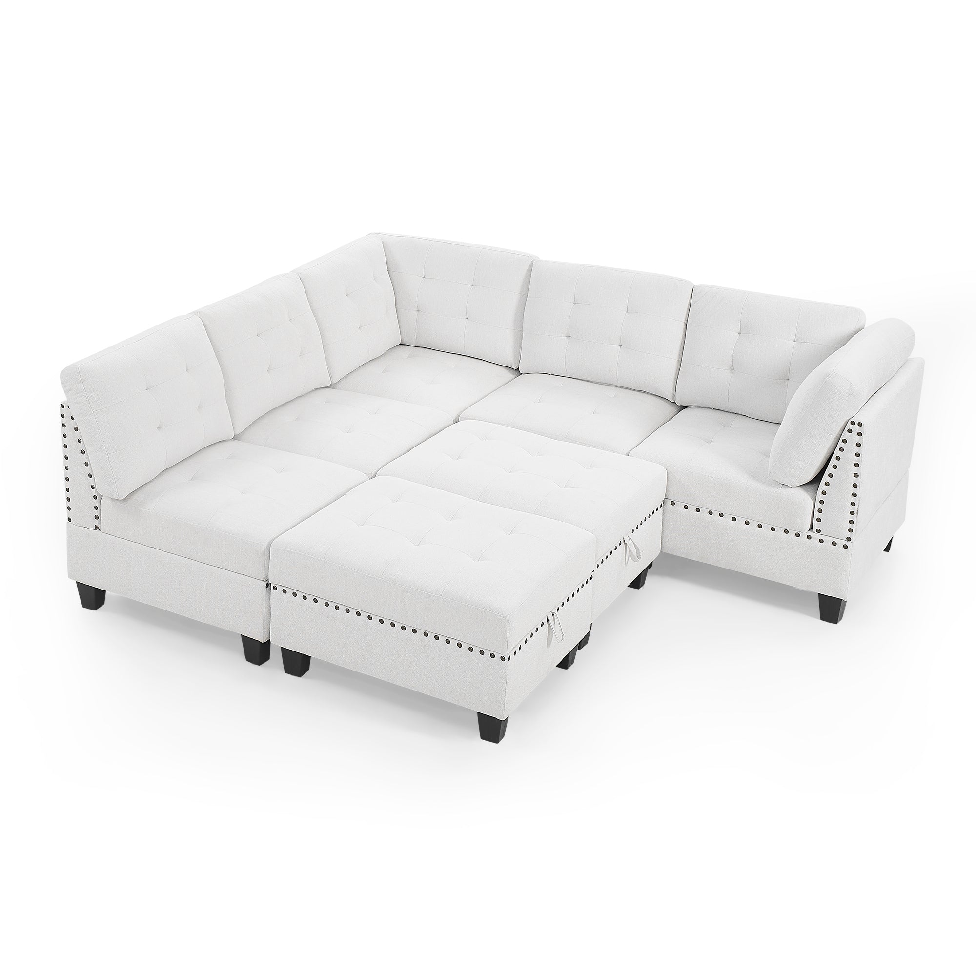 L shape Modular Sectional Sofa,DIY Combination,includes Three Single Chair ,Two Corner and Two Ottoman,Ivory Chenille