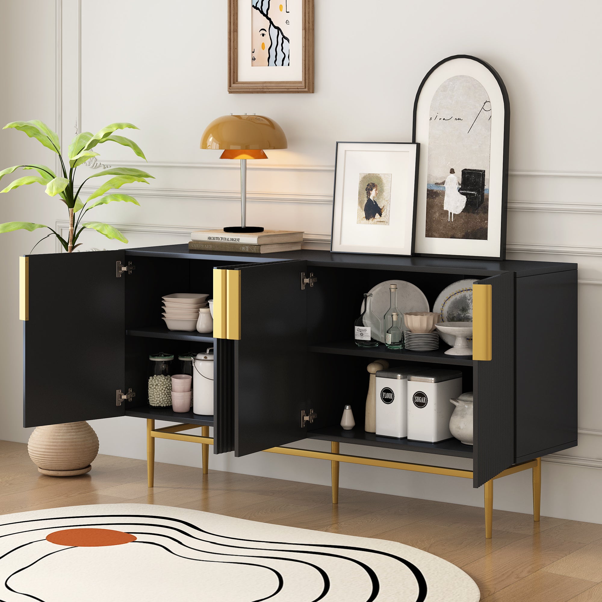 TREXM Modern Elegant 4-door Sideboard Gold Metal Handle Buffet Cabinet for Dining Room, Living Room, Bedroom, Hallway (Black)