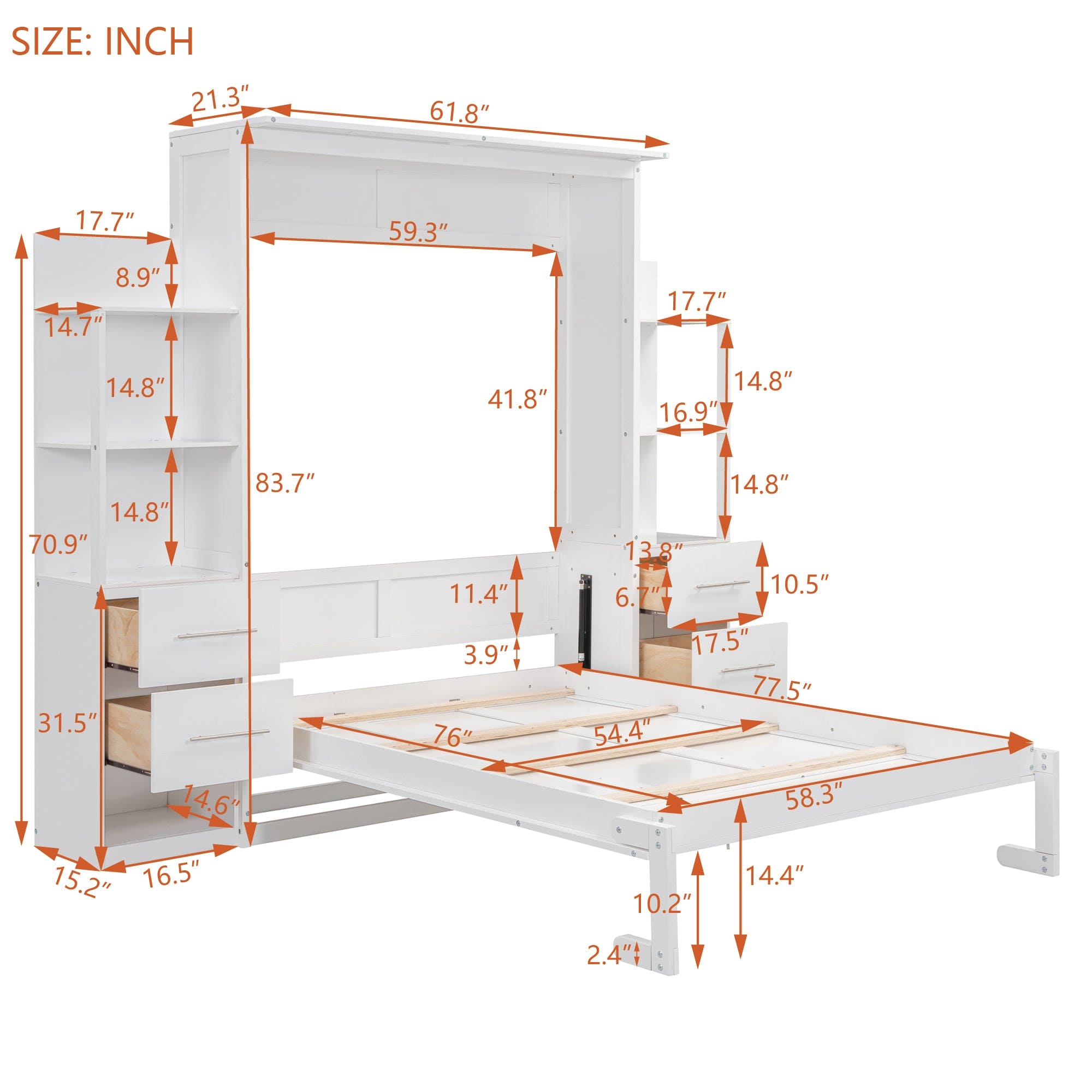 Full Size Murphy Bed Wall Bed with Shelves, Drawers and LED Lights,White