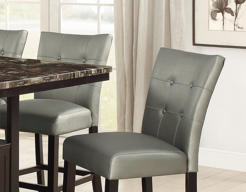 Modern Counter Height Chairs Silver Faux Leather Tufted Set of 2 High Chairs Dining Seating