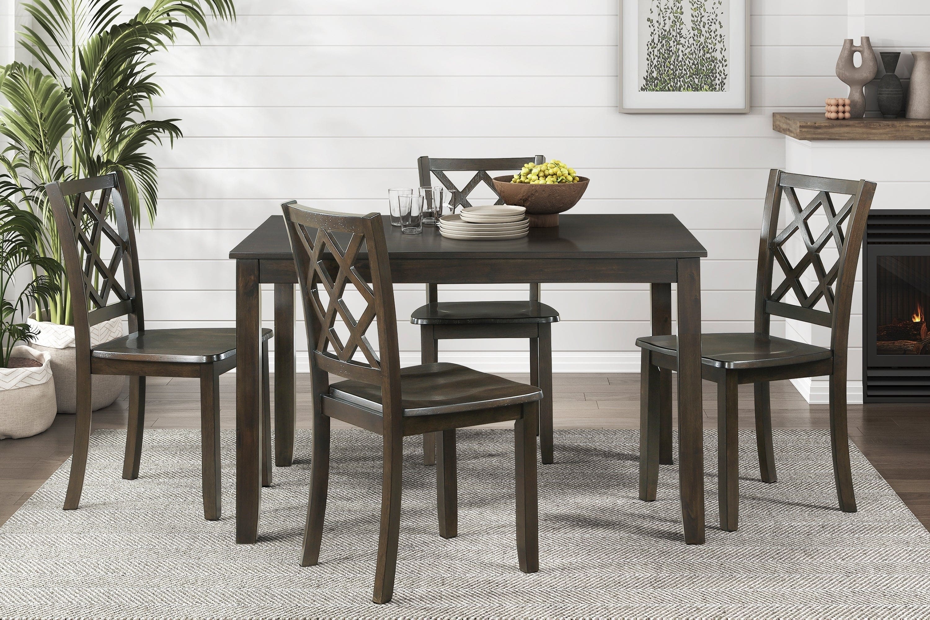 Classic Transitional 5pc Dining Set Dining Table and Four Side Chairs Set Charcoal Finish Lattice-Back Chairs Wooden Dining Furniture Set