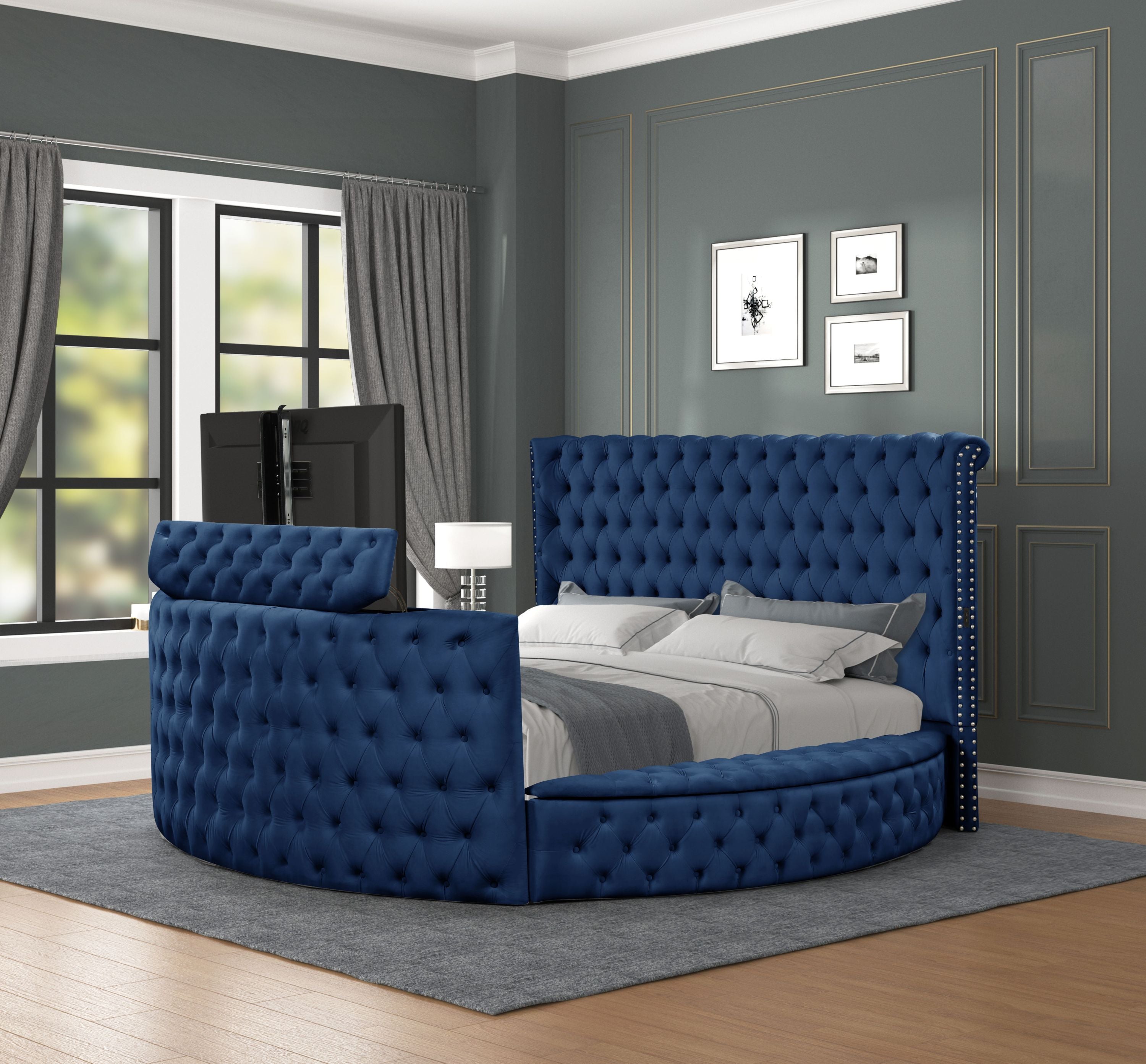 Maya Modern Style Crystal Tufted Queen Bed  Made with wood in Blue