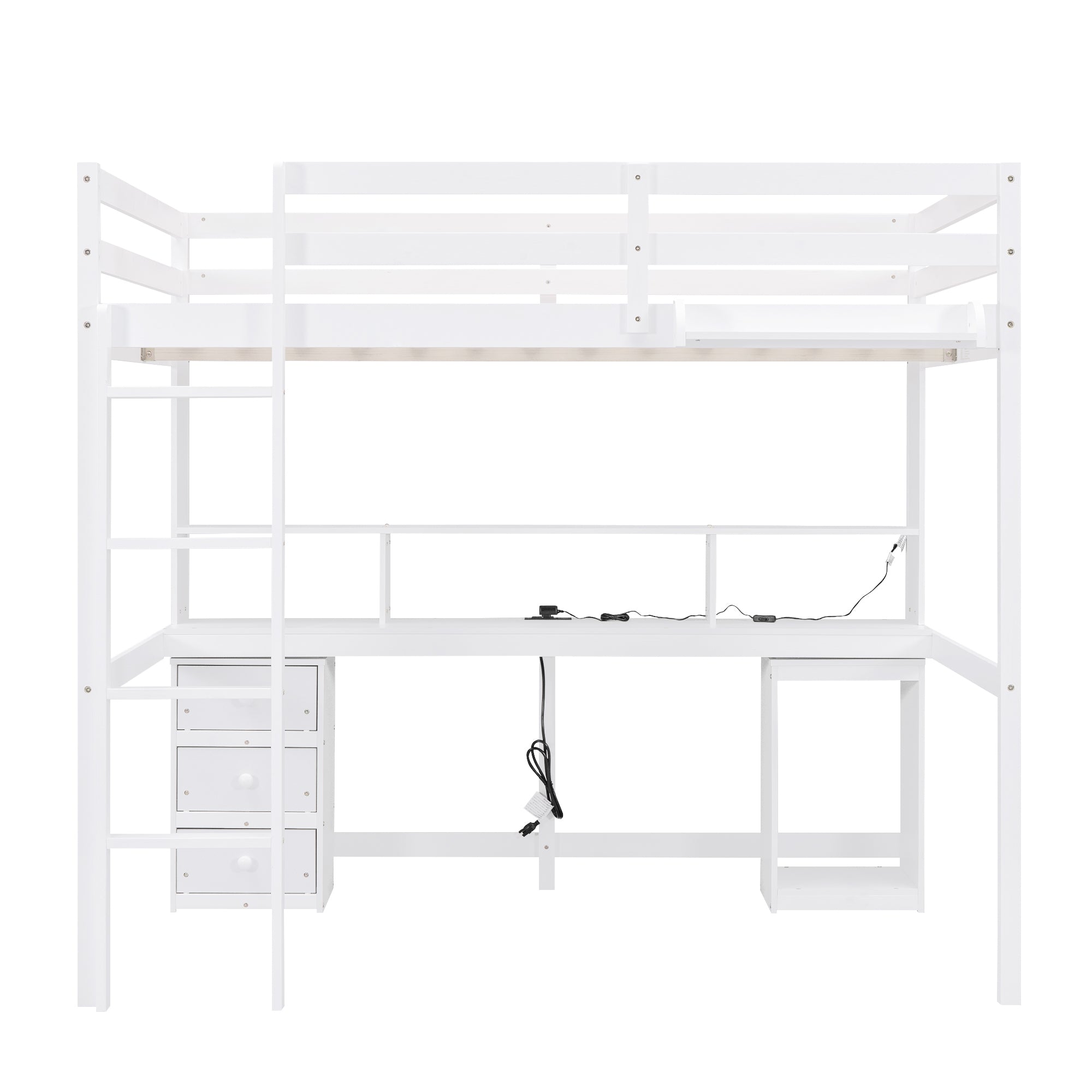 Full Size Loft Bed with Multi-storage Desk, LED light and Bedside Tray, Charging Station, White