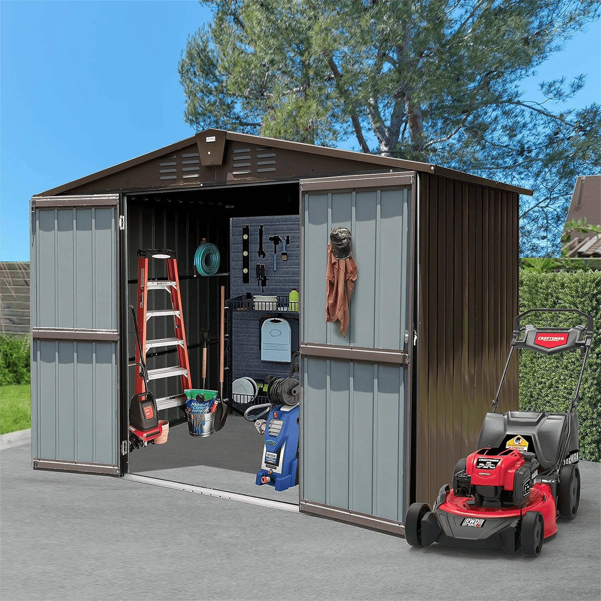 Outdoor Storage Shed 8.2' x 6.2', Metal Steel Utility Tool Shed Storage House with Double Lockable Doors & Air Vents for Backyard Patio Garden Lawn Brown