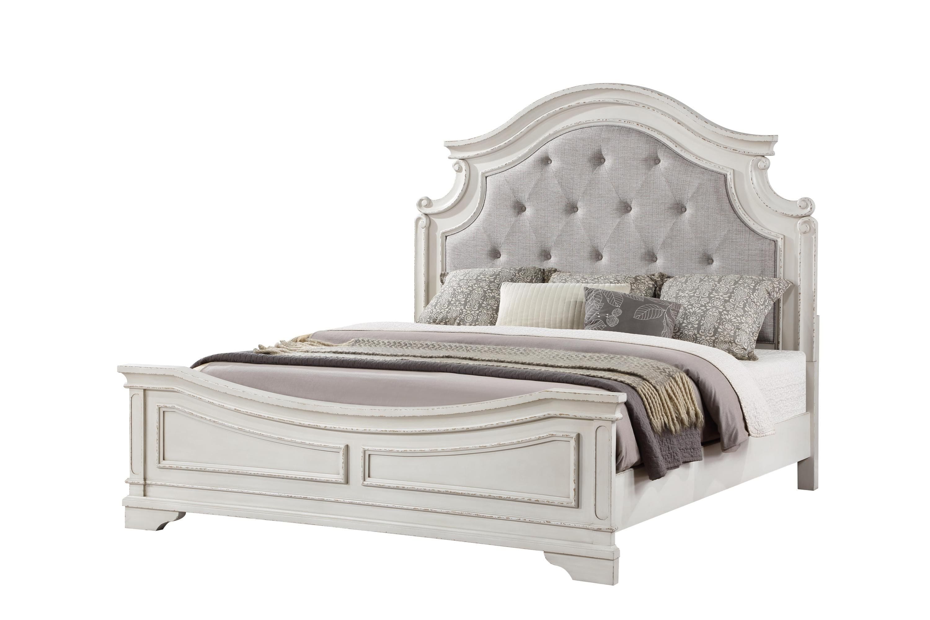 Noble Traditional Style Queen Bed with Button Tufted Upholstery Headboard Made with Wood in Antique White