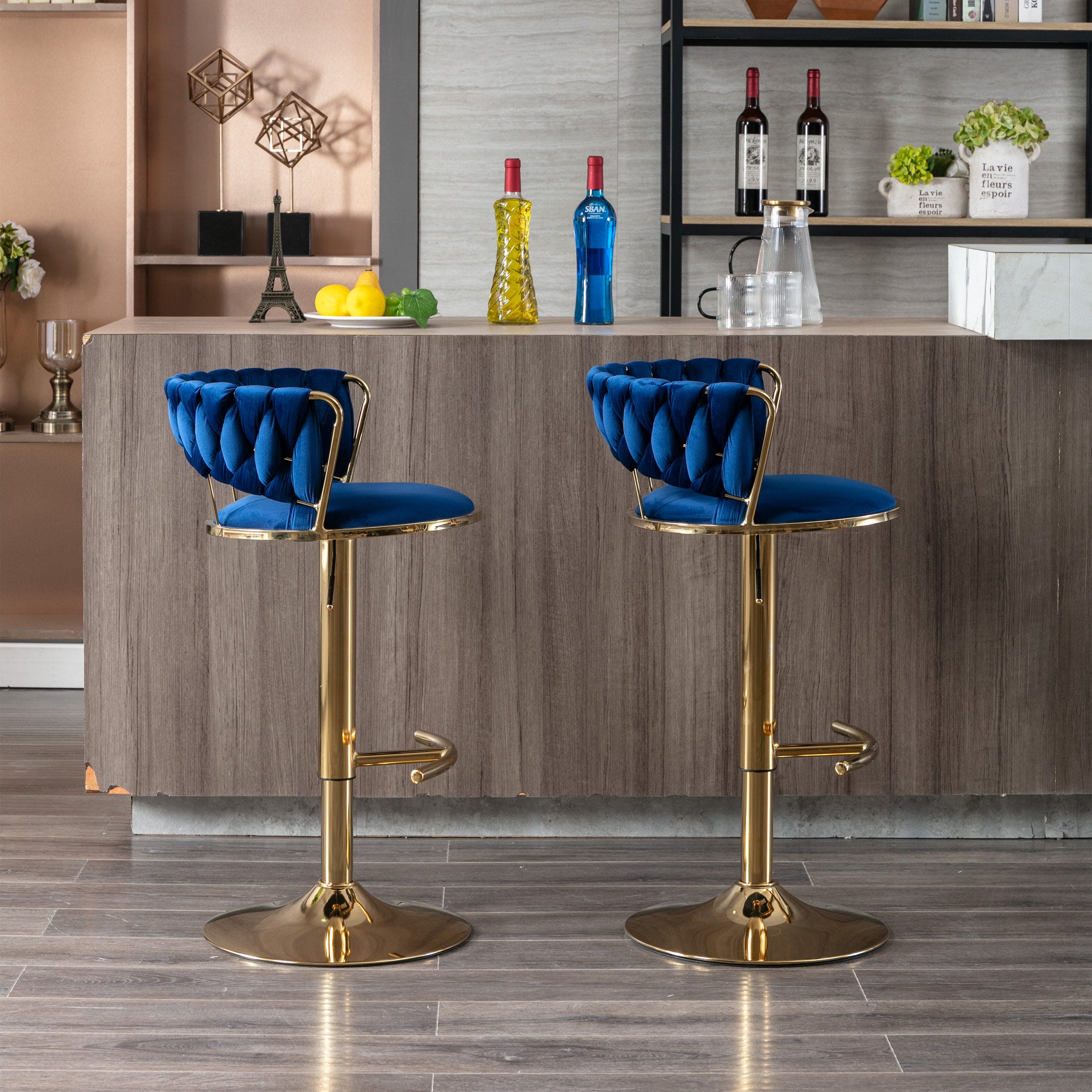 Set of 2  Bar Stools,with Chrome Footrest and Base Swivel Height Adjustable Mechanical Lifting Velvet + Golden Leg Simple Bar Stool-BLUE