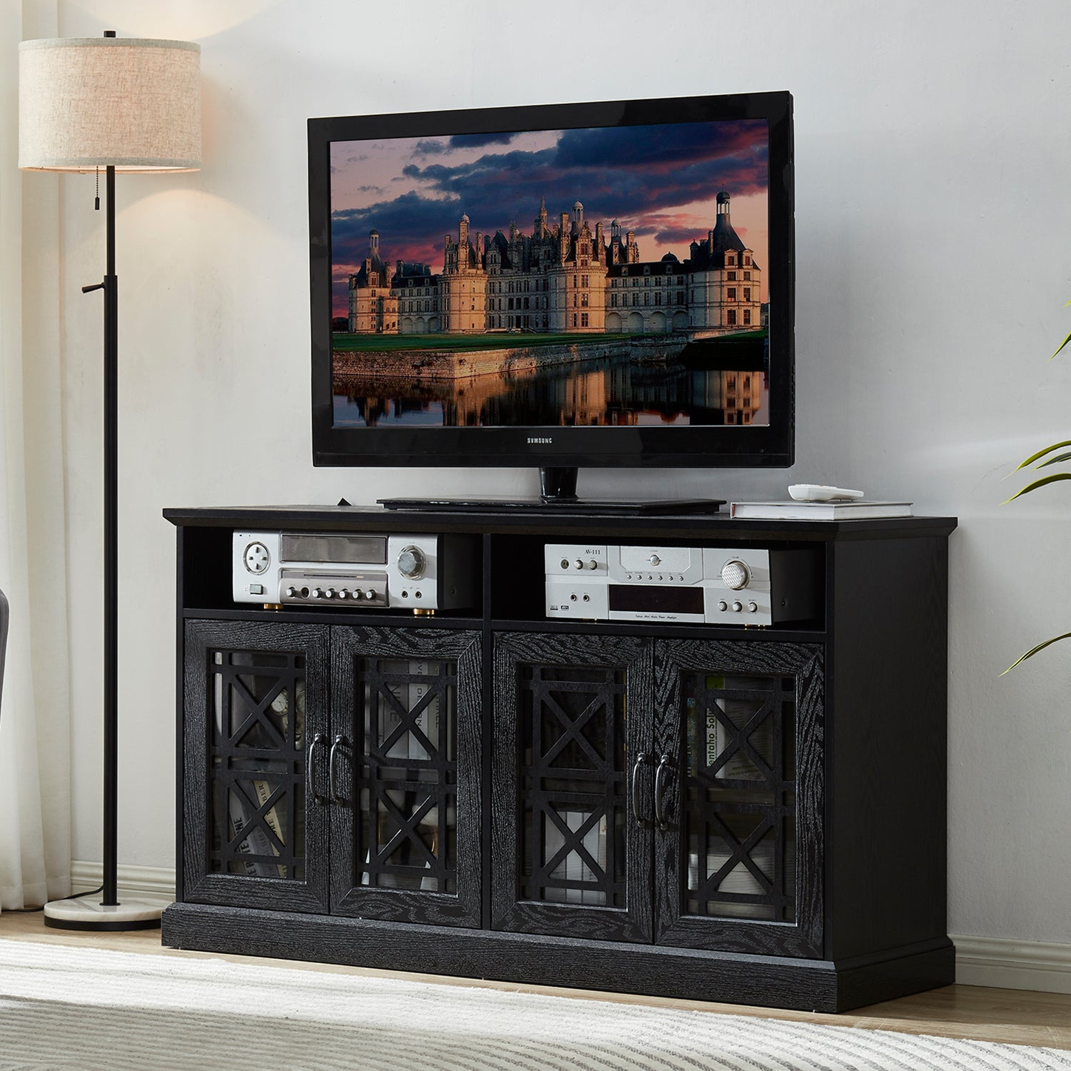 53" TV Console/Storage Buffet Cabinet/Sideboard, Black- Wood Grain Finish