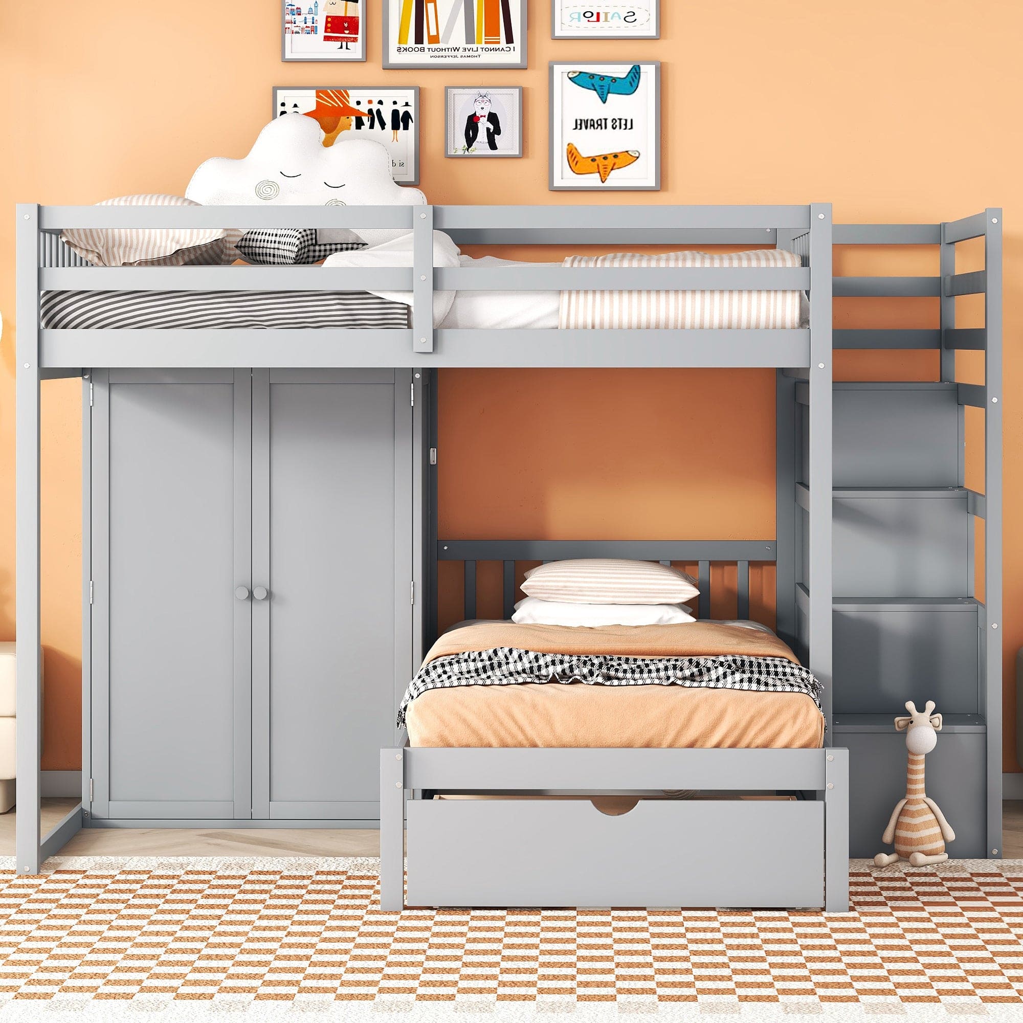 Full Over Twin Bunk Bed with Wardrobe, Drawers, Gray