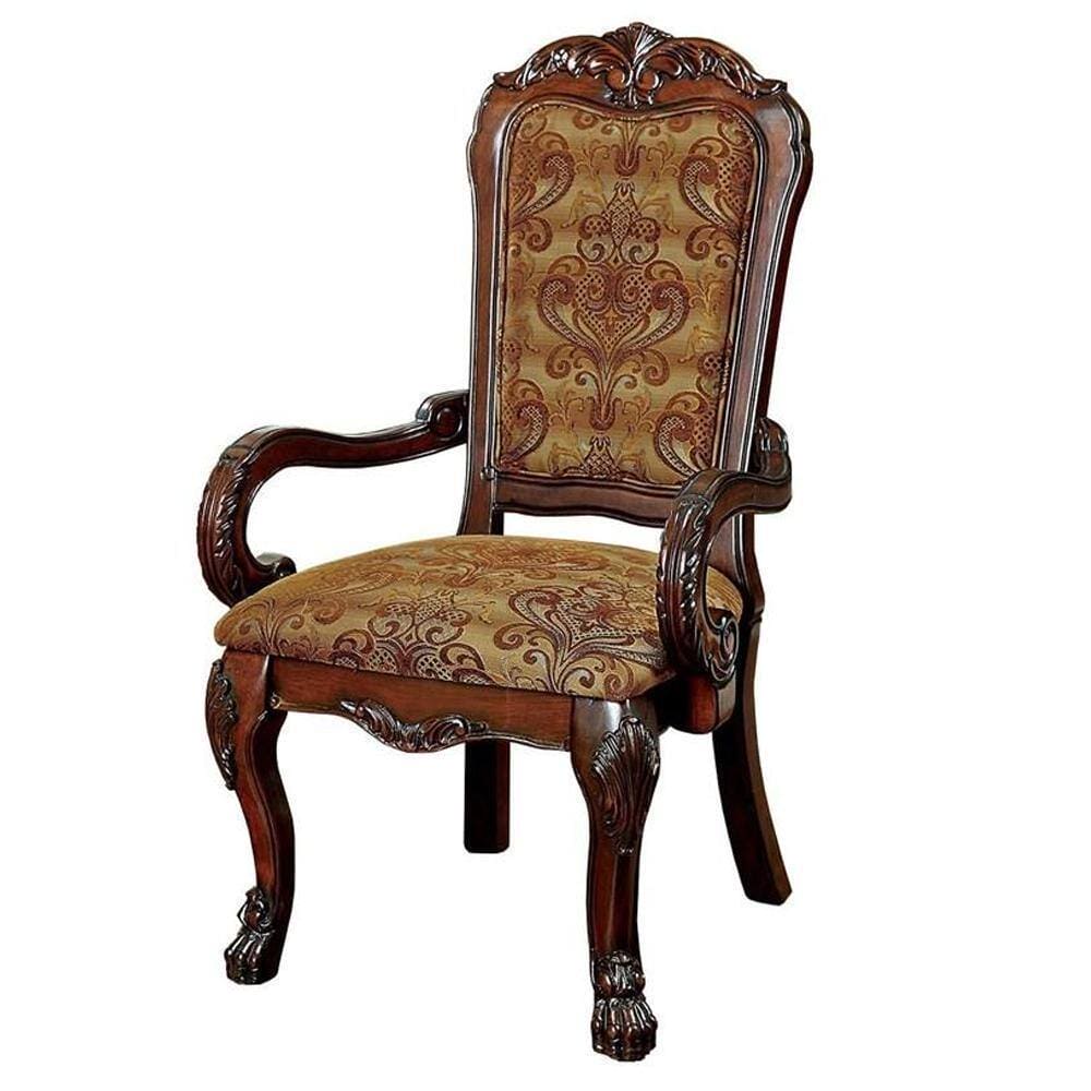 Formal Traditional Cherry Set of 2pc Arm Chairs Dining Room Brown Damask Print Fabric Solid wood Dining Chair