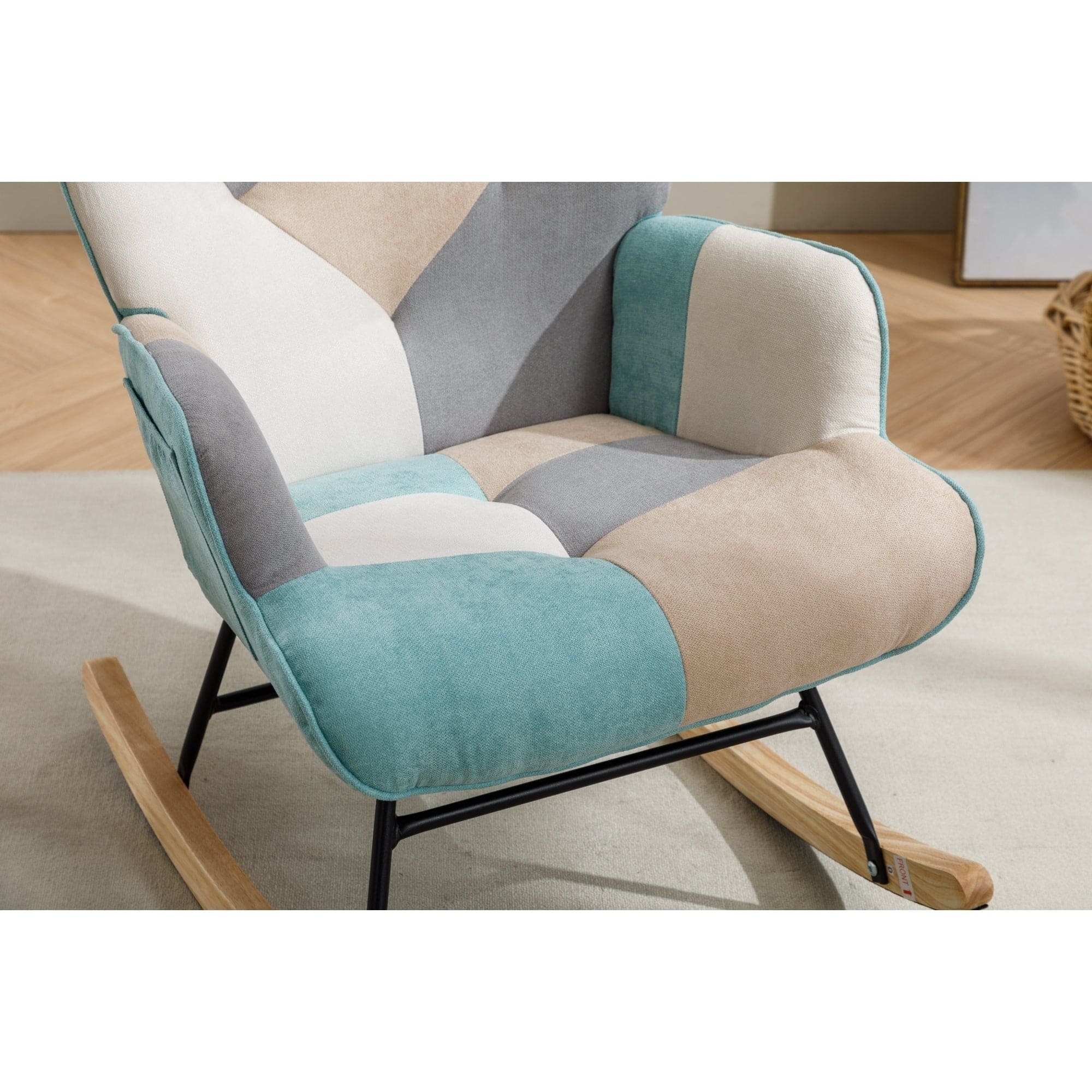 Modern Patchwork Accent Chair with Solid Wood Armrest and Feet, Mid-Century Modern Accent Sofa, Fabric Sofa Chair for Living Room Bedroom Studio, Comfy Side Armchair for Bed