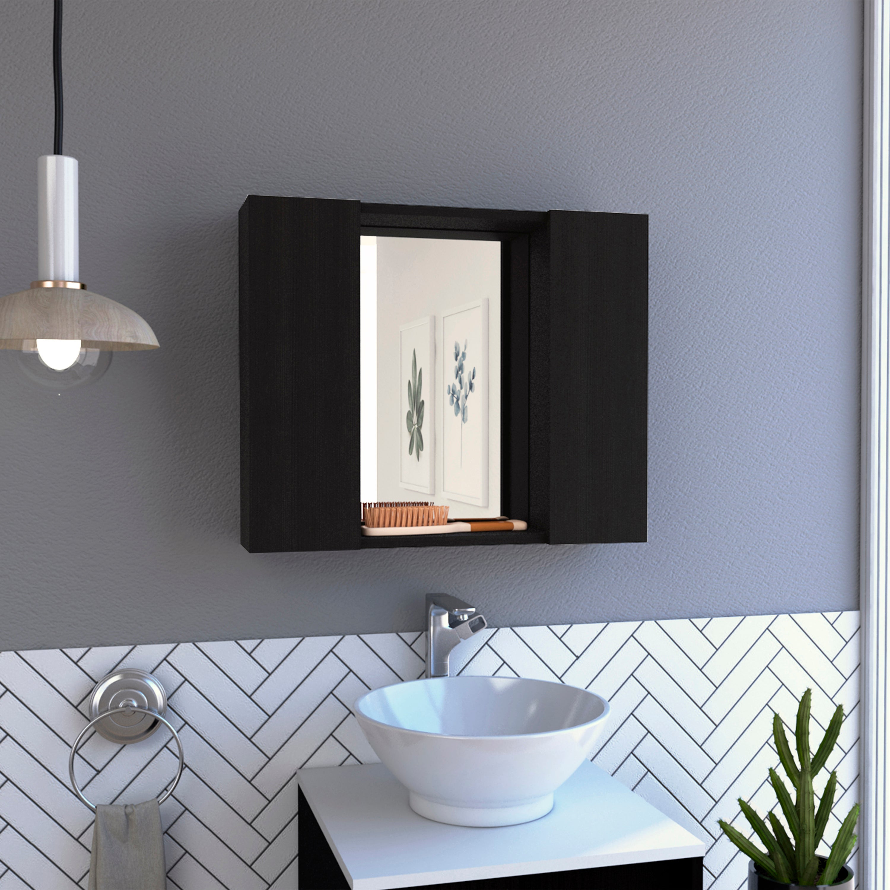 Medicine Cabinet Hops, Double Door, Mirror, One External Shelf, Black Wengue Finish