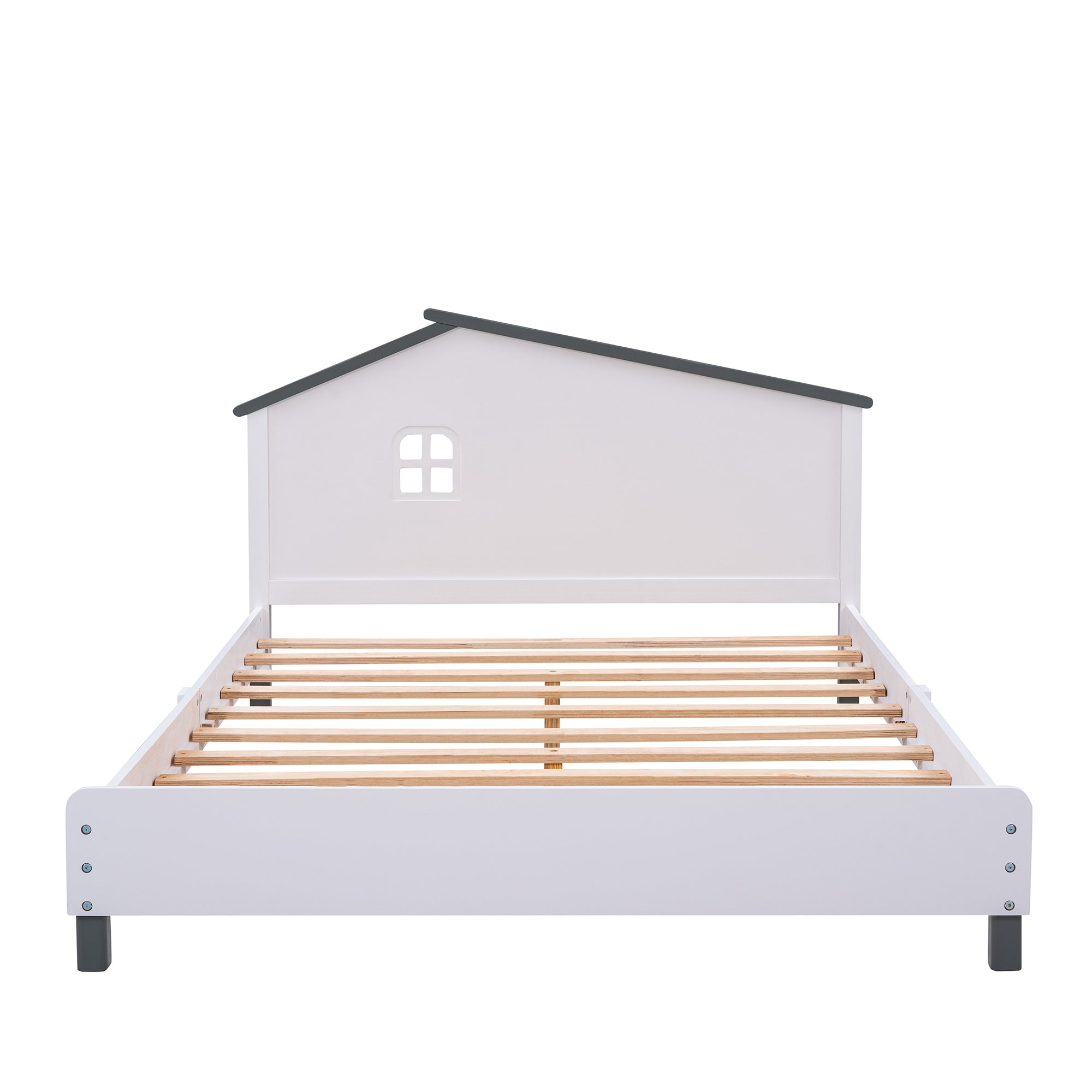 Full Size Wood Platform Bed with House-shaped Headboard  (White+Gray)