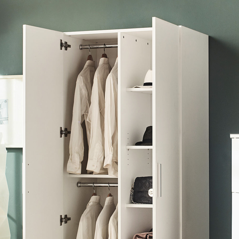 Viviane Contemporary Wood Closet with Hanging Bars and Five Shelves in White